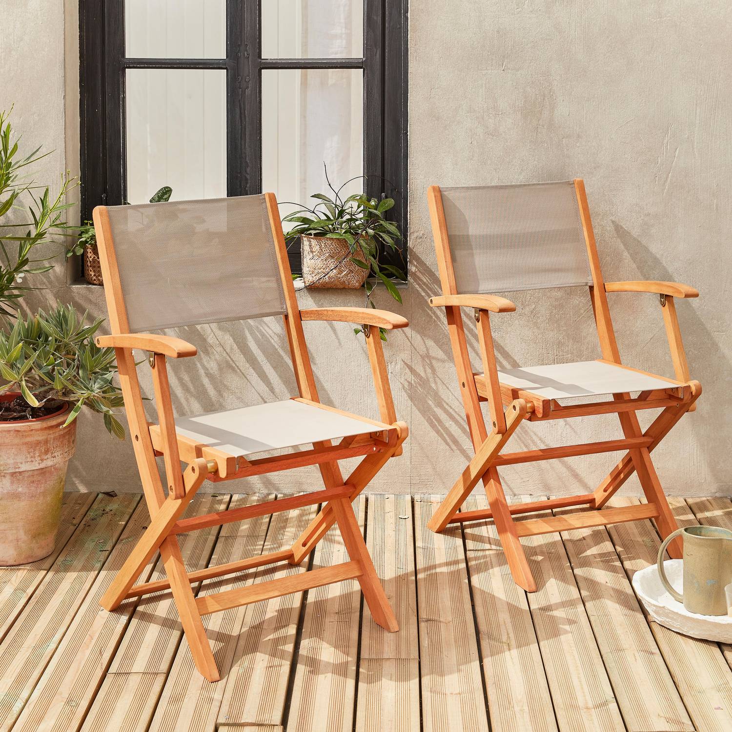 Fauteuils de jardin en bois et textilène - Almeria Gris taupe - 2 fauteuils pliants en bois d'Eucalyptus FSC huilé et textilène Photo1