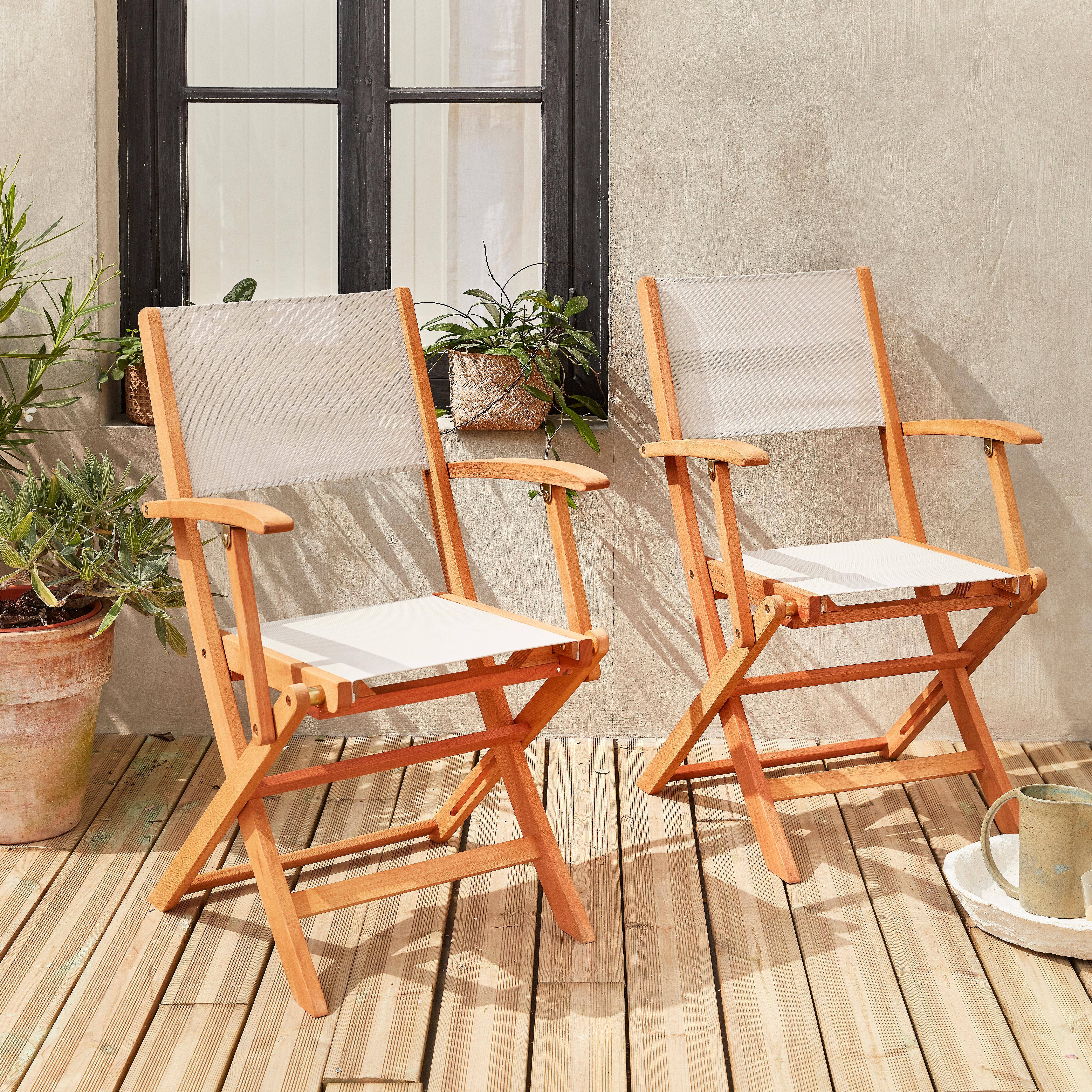 Fauteuils de jardin en bois et textilène - Almeria blanc - 2 fauteuils pliants en bois d'Eucalyptus FSC huilé et textilène Photo1
