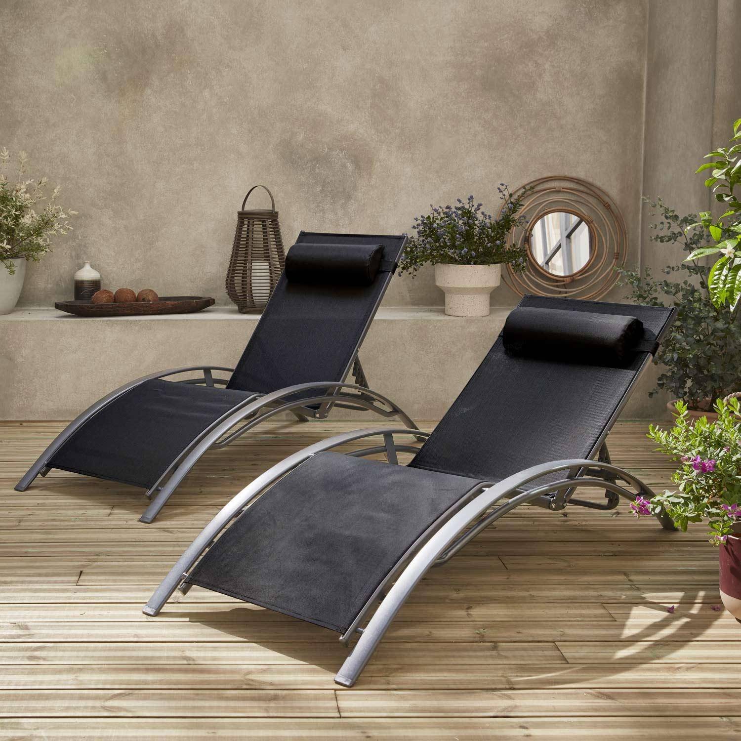 Duo de bains de soleil aluminium - Louisa Gris et noir - Transats aluminium et textilène Photo1
