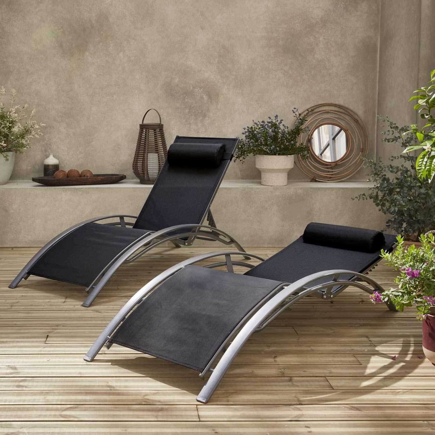 Duo de bains de soleil aluminium - Louisa Gris et noir - Transats aluminium et textilène Photo2