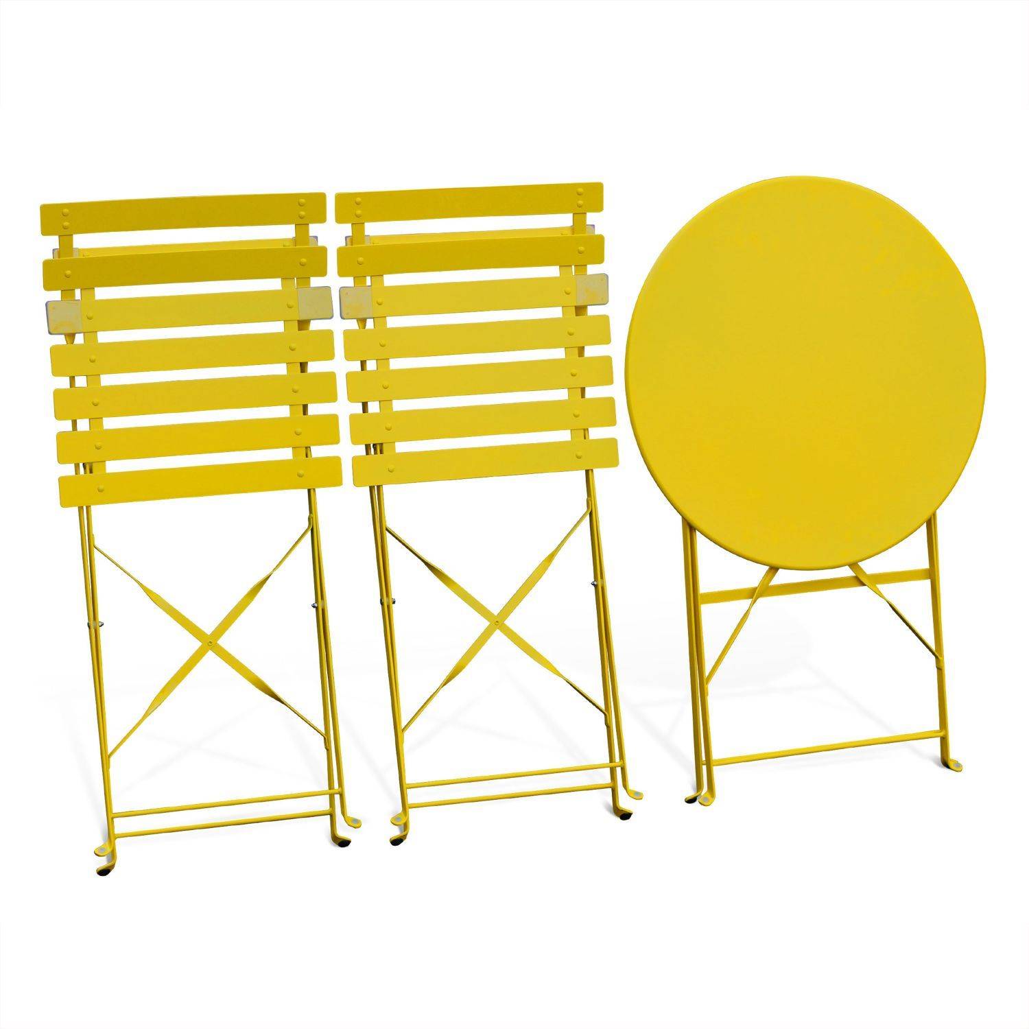 Klappbare Bistro-Gartengarnitur - Emilia rund gelb - Ø60cm Tisch mit zwei Klappstühlen aus pulverbeschichtetem Stahl Photo6
