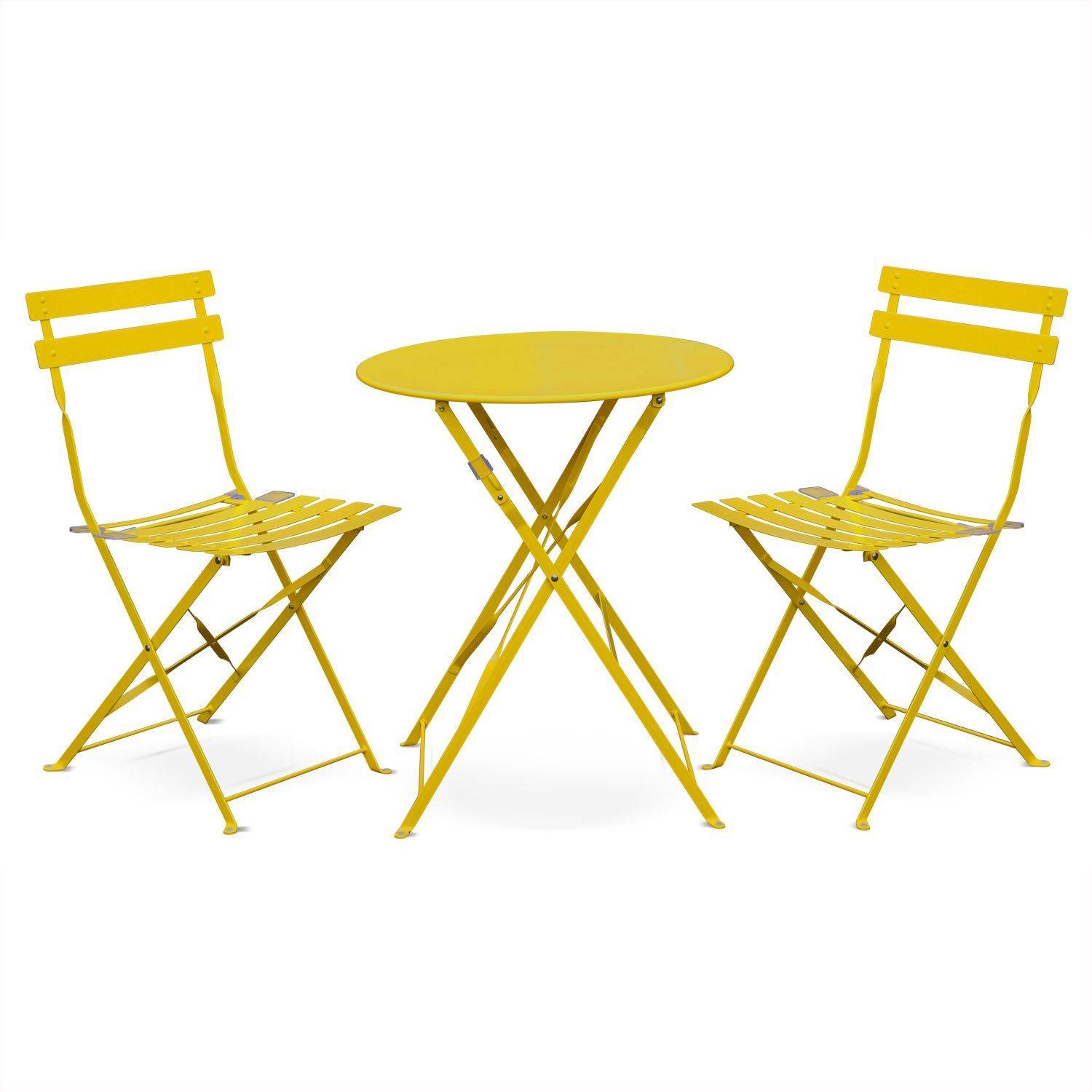Klappbare Bistro-Gartengarnitur - Emilia rund gelb - Ø60cm Tisch mit zwei Klappstühlen aus pulverbeschichtetem Stahl Photo2