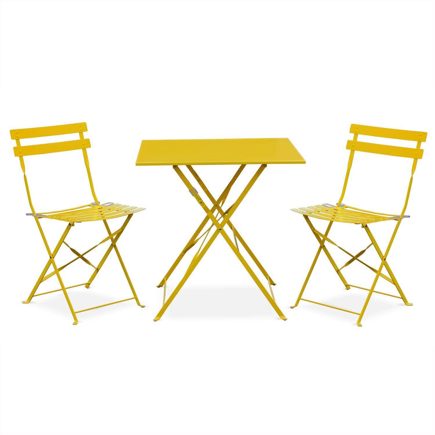 Klappbare Bistro-Gartenmöbel - Emilia quadratisch gelb - Tisch 70x70cm mit zwei Klappstühlen aus pulverbeschichtetem Stahl Photo2
