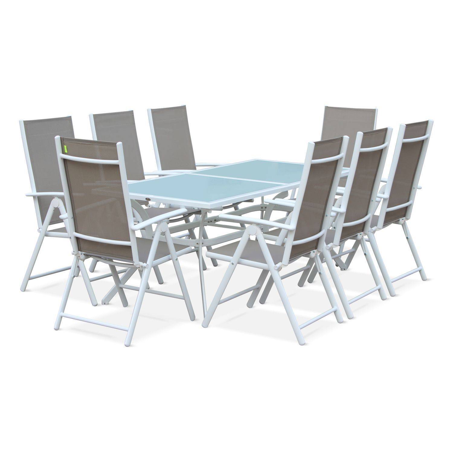 Gartengarnitur aus Aluminium und Textilene - Naevia - Weiß, Taupe - 8 Plätze - 1 großer rechteckiger Tisch, 8 Klappsessel Photo1