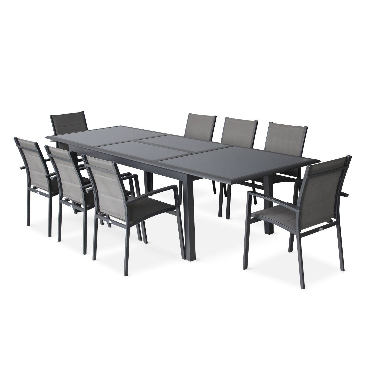 Ensemble Baltimore 1 table extensible et 8 fauteuils en aluminium et textilène Photo1