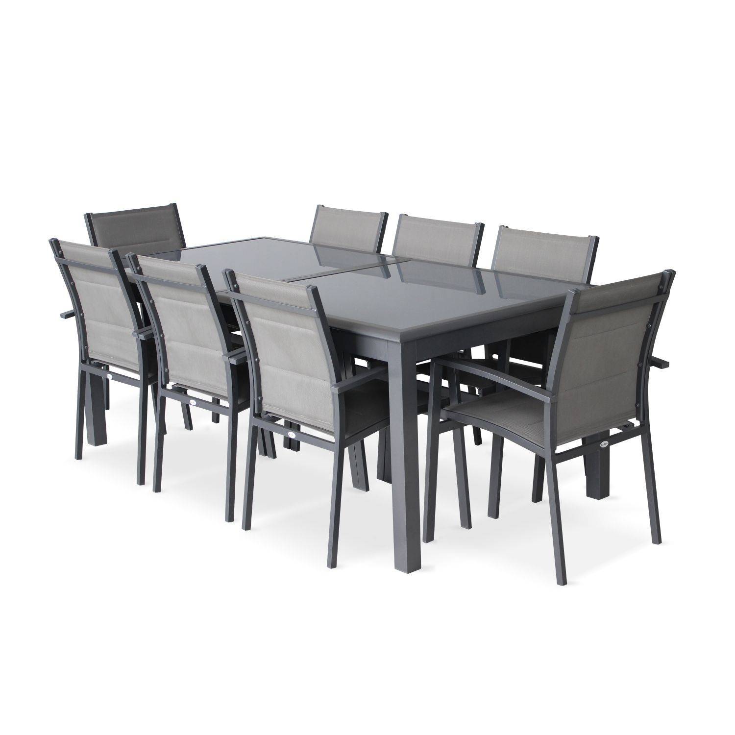 Ensemble Baltimore 1 table extensible et 8 fauteuils en aluminium et textilène Photo2