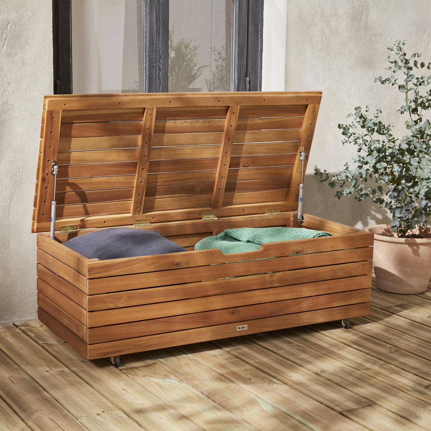 Caixa de madeira para jardim - Zaragoza - 110L, almofada de armazenamento 107x48,5cm com suportes e rodas Photo2