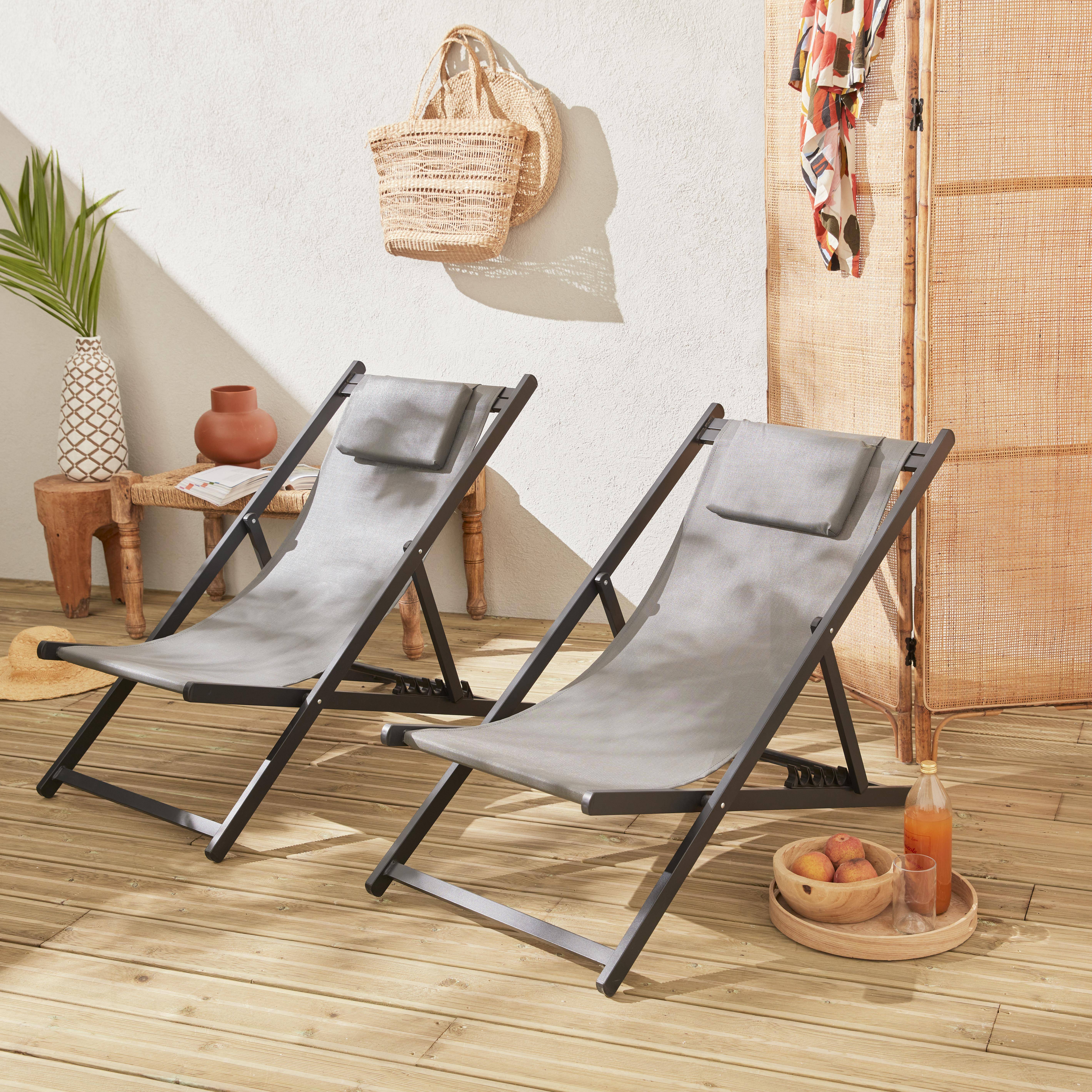 Set mit 2 Sonnenliegen - Gaia grau - Liegestuhl aus anthrazitfarbenem Aluminium und grauem Textilene mit Kopfstützenkissen, Liegestuhl Photo1