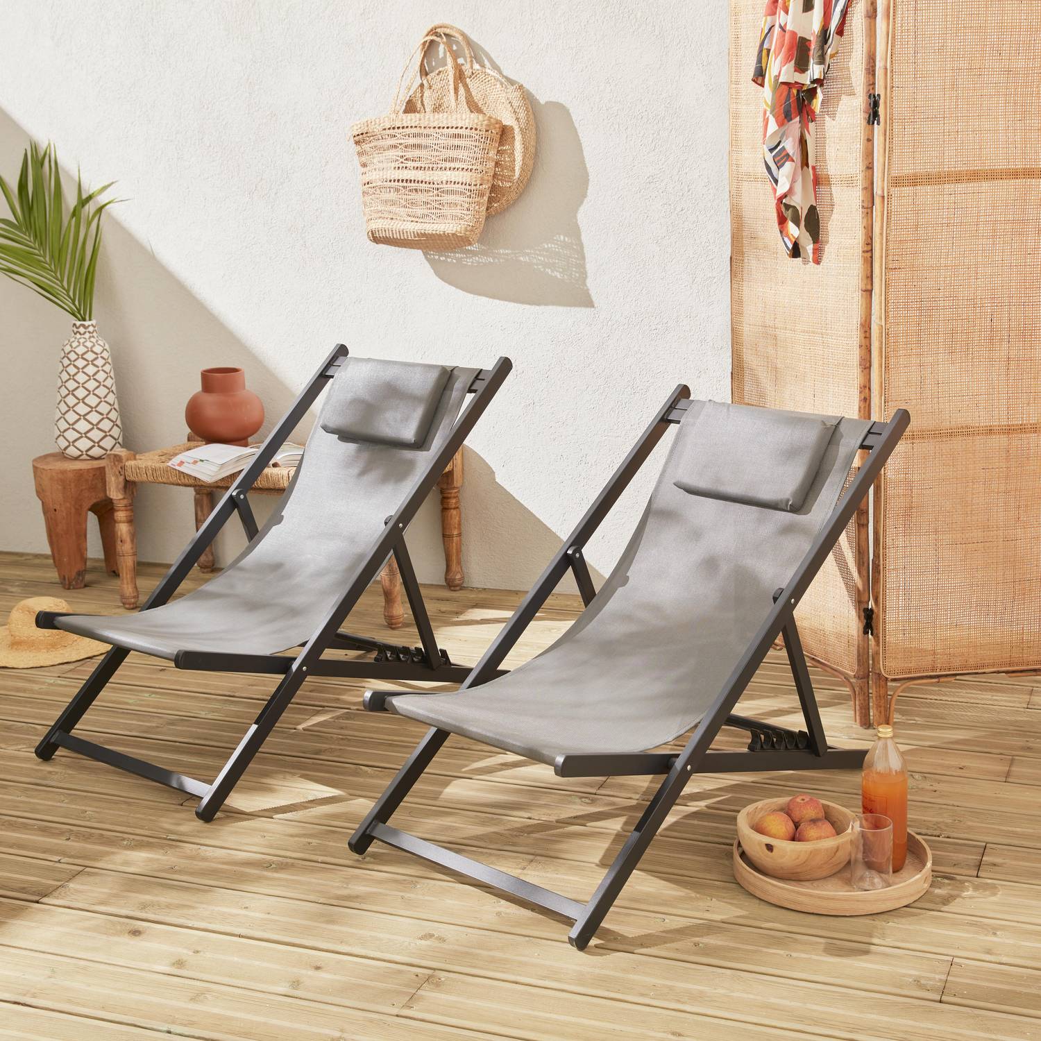 Juego de 2 sillas para tomar sol - Gaia antracita- Aluminio antracita y textileno gris con reposacabezas. Photo1