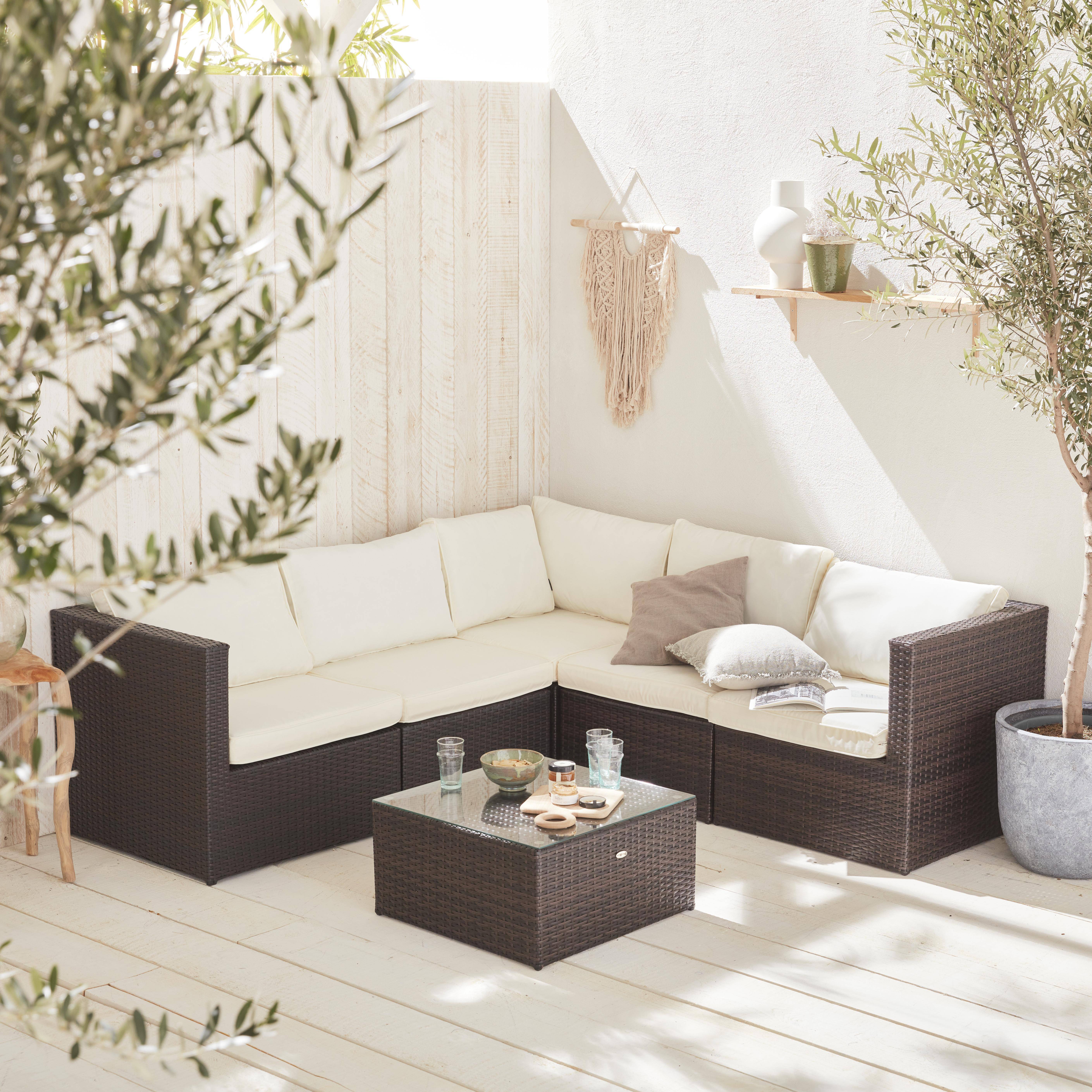 Conjunto de jardín, conjunto sofá de exterior, Marrón Crudo, 5 plazas, Dimensiones y Cojines Confortable - Siena Photo1