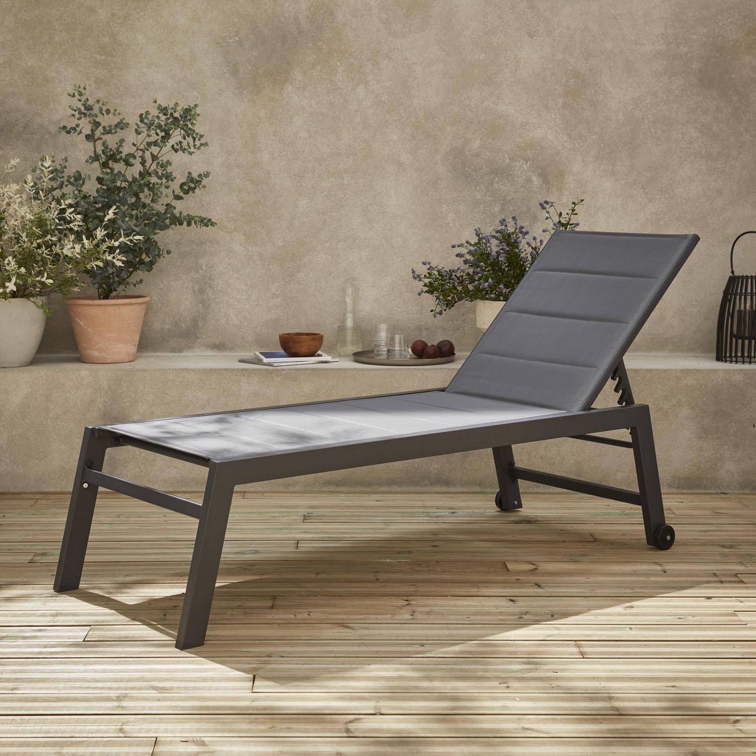 Sonnenliege - Solis - Liegestuhl mit 6 Positionen aus Textilene und Aluminium, anthrazitgraues Gestell, graues Textilene Photo1