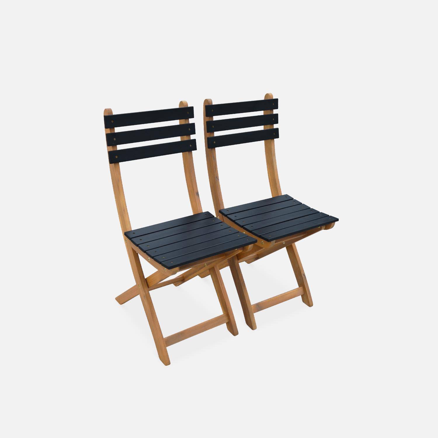 Mesa de jardín de madera Bistro 60x60cm - Barcelona - negro, mesa plegable cuadrada bicolor con 2 sillas plegables, acacia Photo2