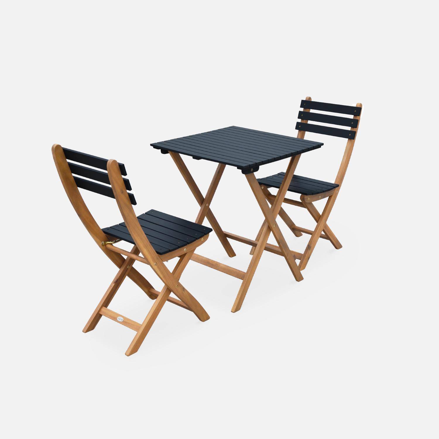 Mesa de jardín de madera Bistro 60x60cm negro, mesa plegable cuadrada. 2 sillas