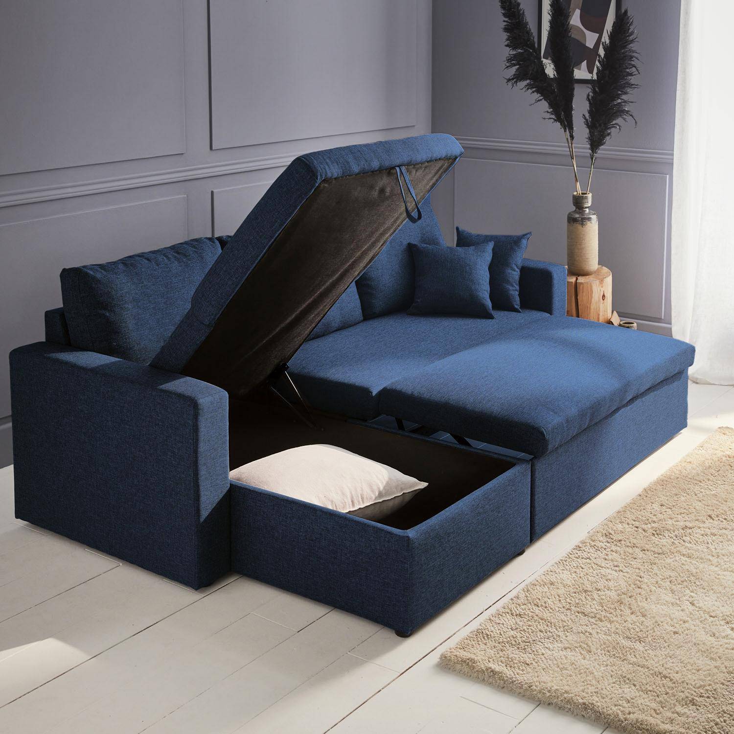 Canapé d'angle convertible en tissu bleu - IDA - 3 places, fauteuil d'angle réversible coffre rangement lit modulable  Photo4