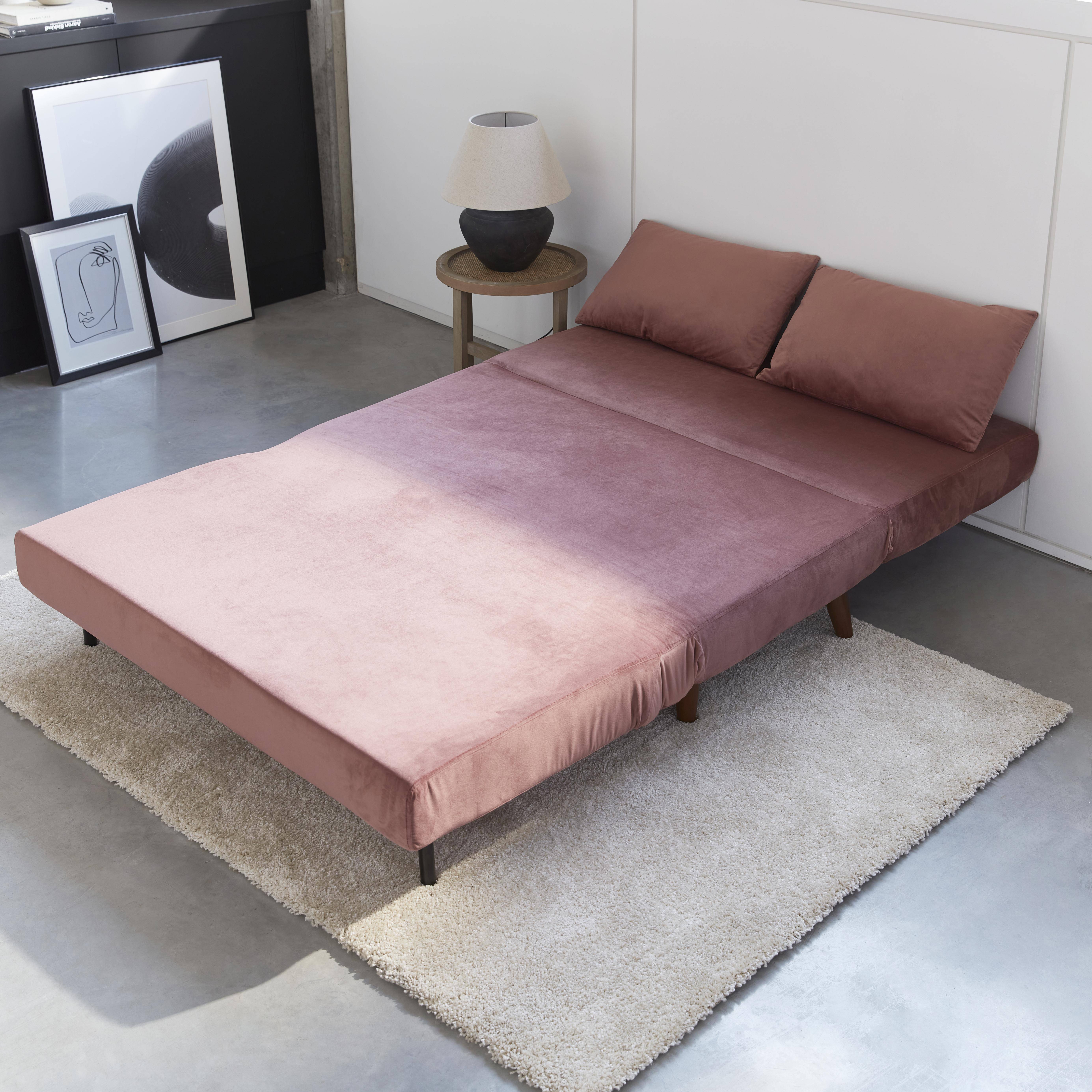 Sofá cama de 2 plazas de color rosa viejo - Guesta - patas de madera, asiento de banco, respaldo reclinable Photo2