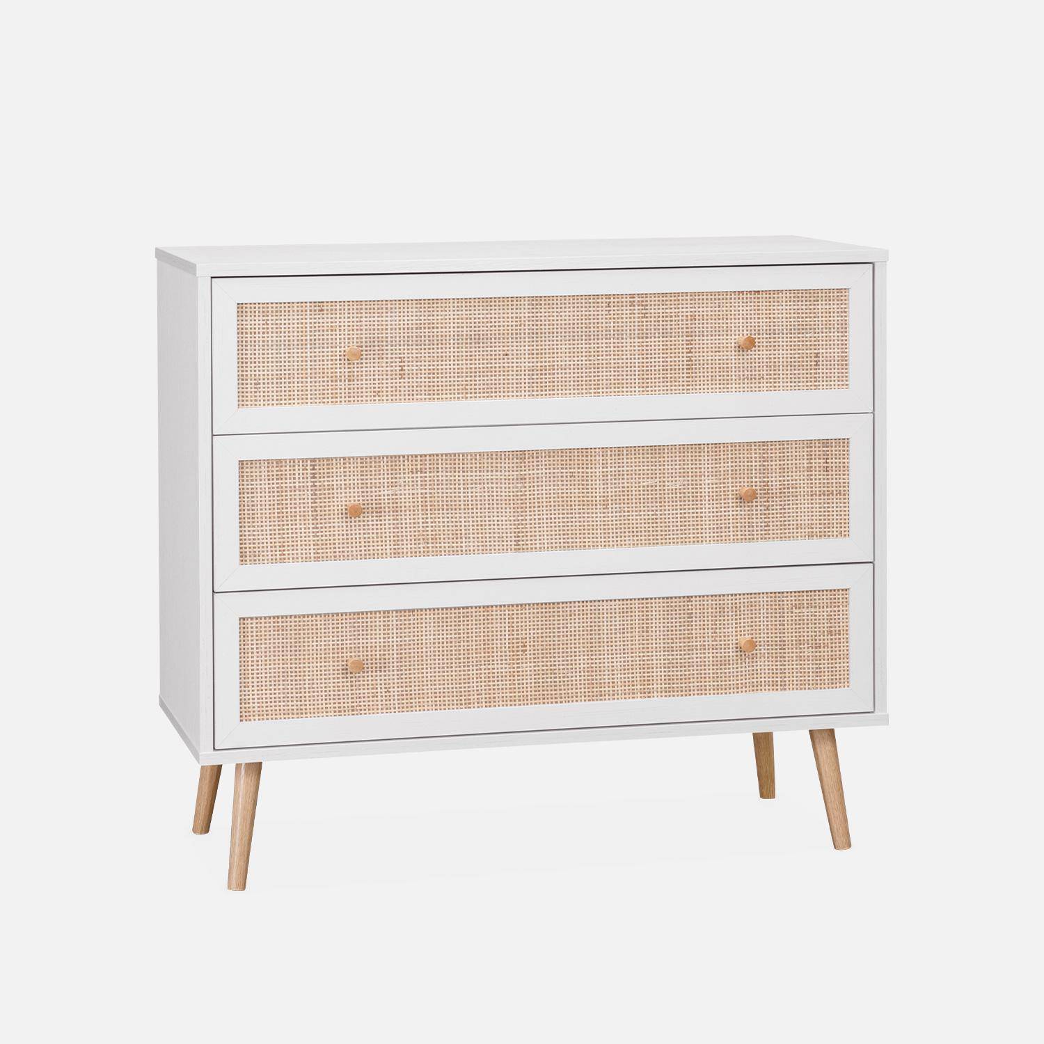 Commode en décor bois blanc et cannage 90x39x79cm - Bohème - 3 tiroirs Photo2
