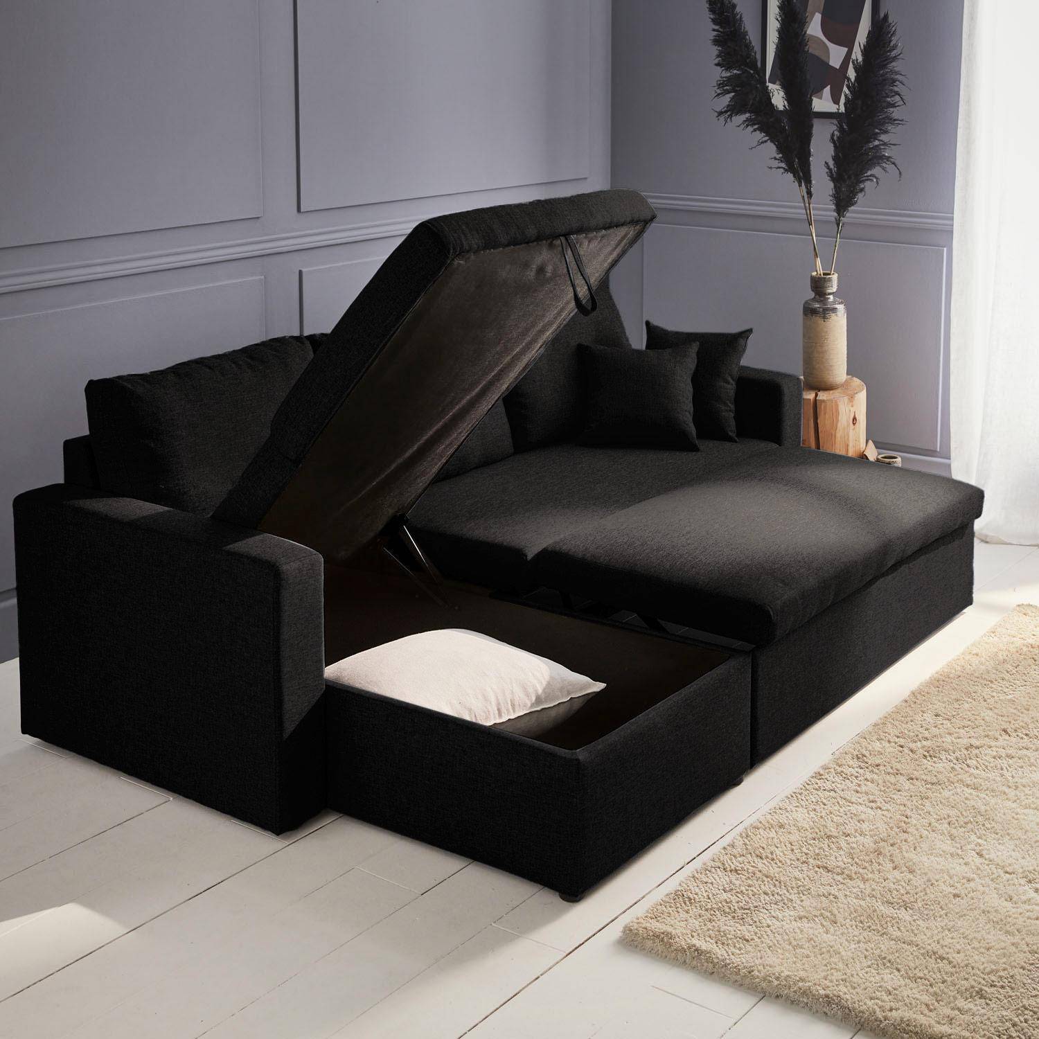 Zwarte stoffen bedbank met chaise longue en opbergruimte - IDA - 3-zits, omkeerbare hoeksalon, opbergruimte, zetelbed Photo3