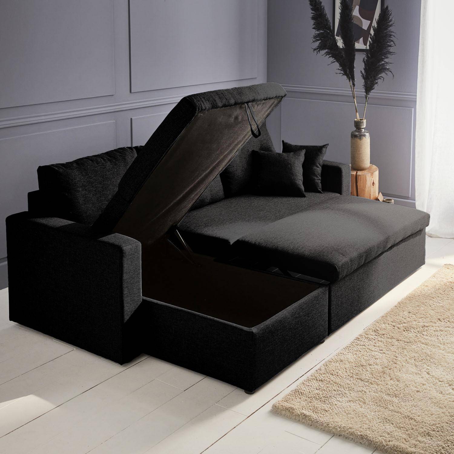Canapé d'angle convertible en tissu noir - IDA - 3 places, fauteuil d'angle réversible coffre rangement lit modulable  Photo2