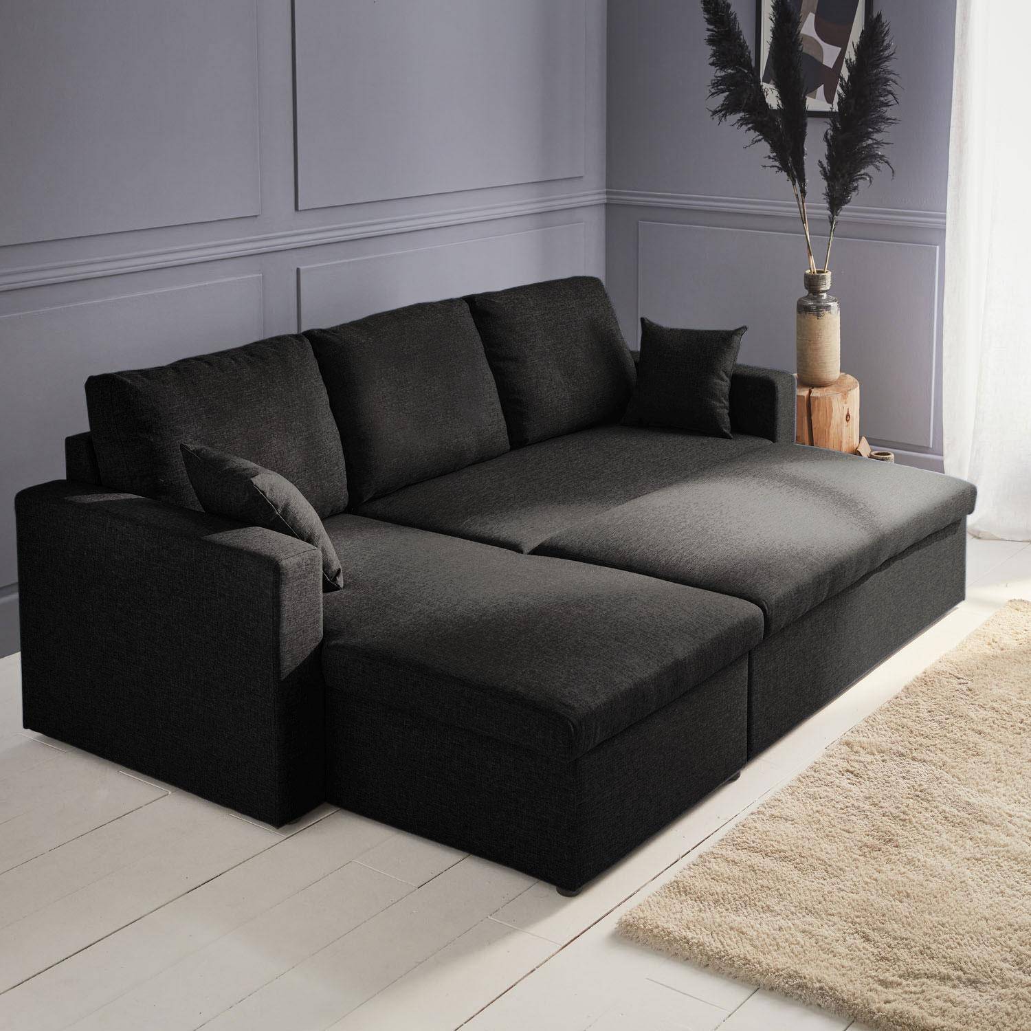 Zwarte stoffen bedbank met chaise longue en opbergruimte - IDA - 3-zits, omkeerbare hoeksalon, opbergruimte, zetelbed Photo4