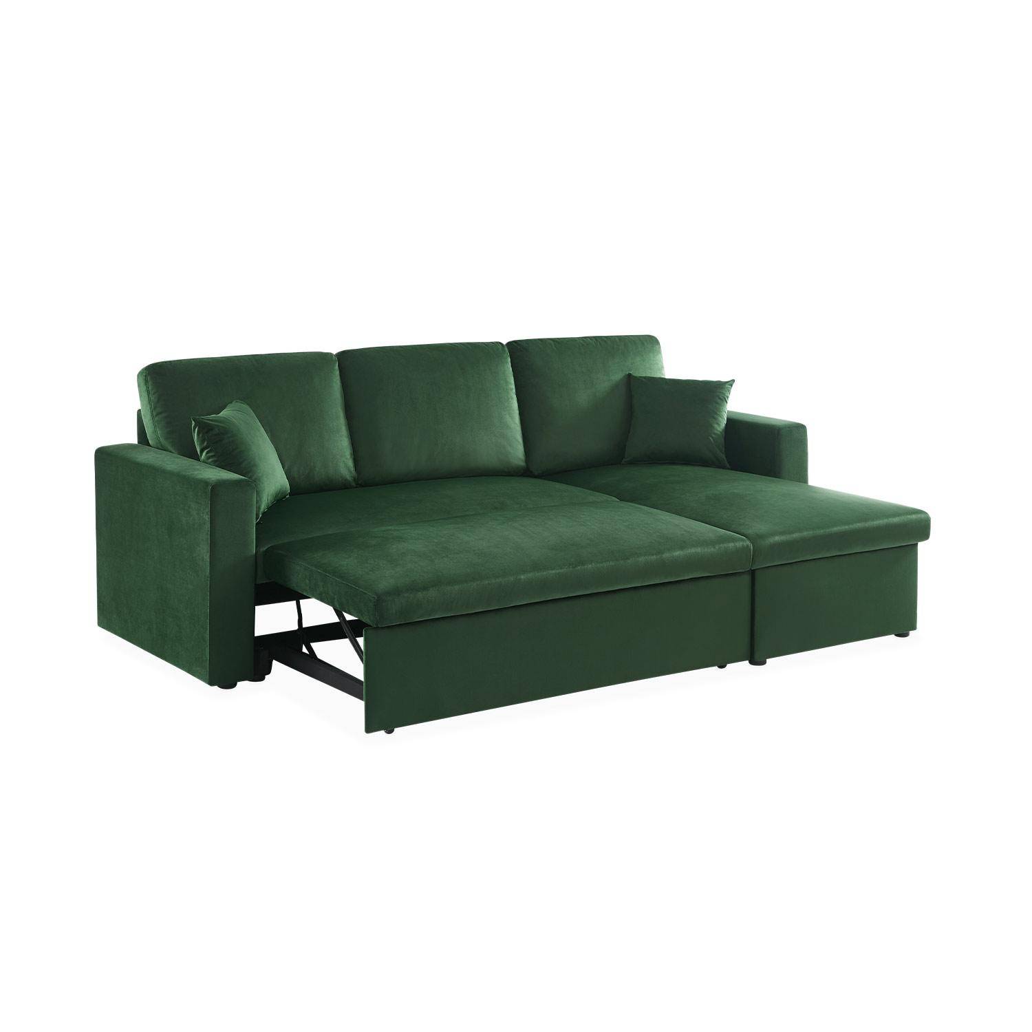 Canapé d'angle convertible en velours vert anglais 3 places, fauteuil d'angle réversible coffre rangement lit modulable  Photo6