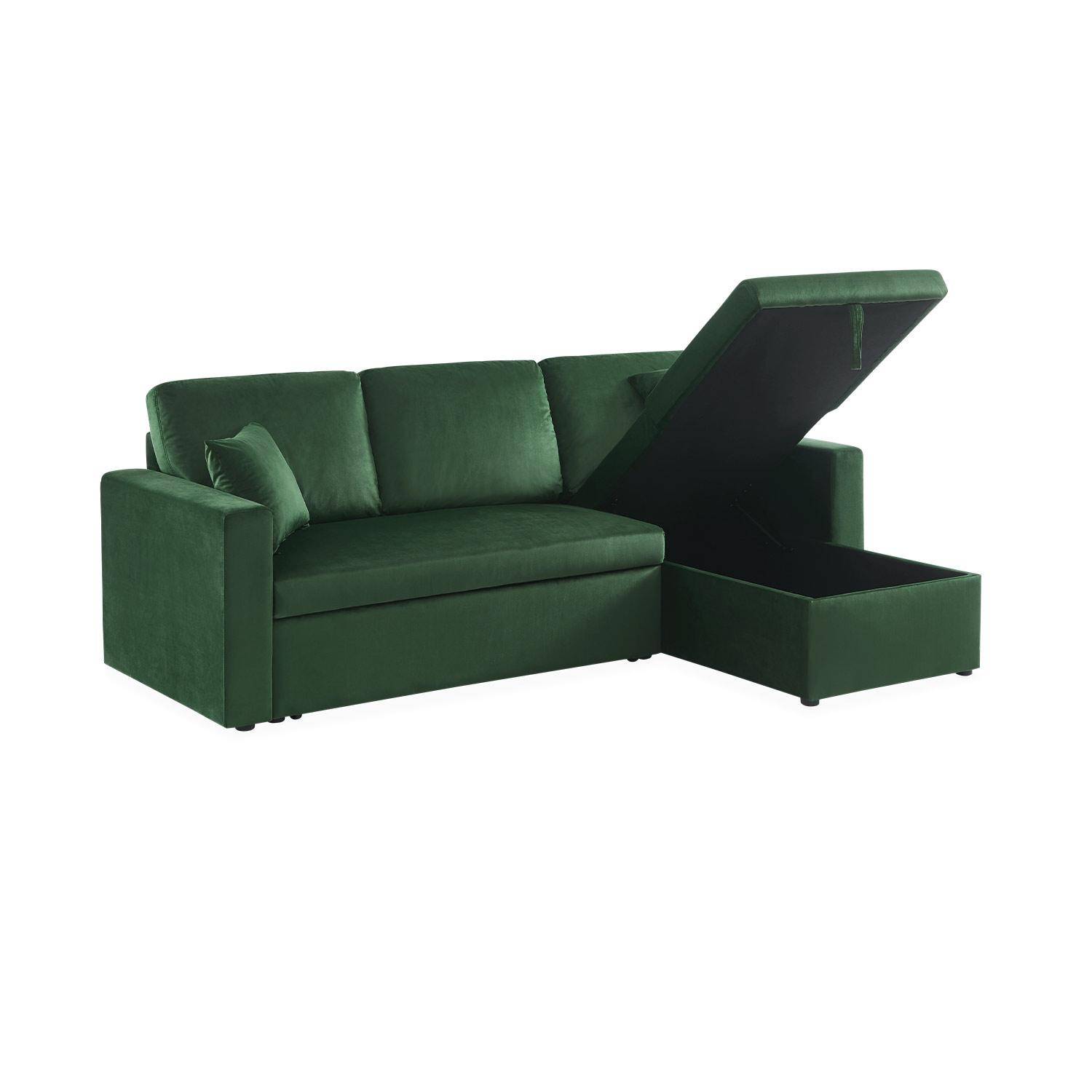 Canapé d'angle convertible en velours vert anglais 3 places, fauteuil d'angle réversible coffre rangement lit modulable  Photo5