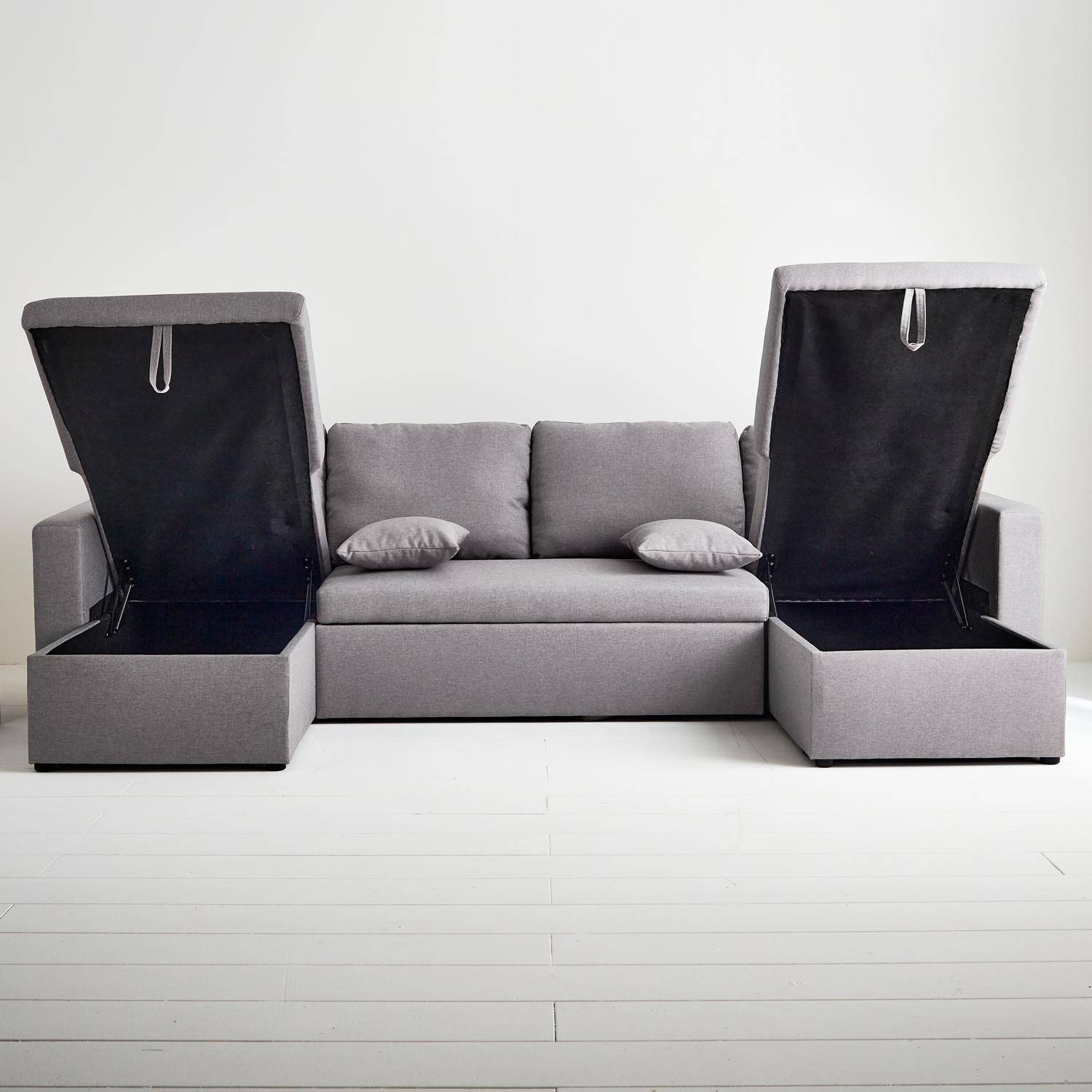 Canapé panoramique convertible en tissu gris clair, 4 places, coffre rangement, lit modulable  Photo4