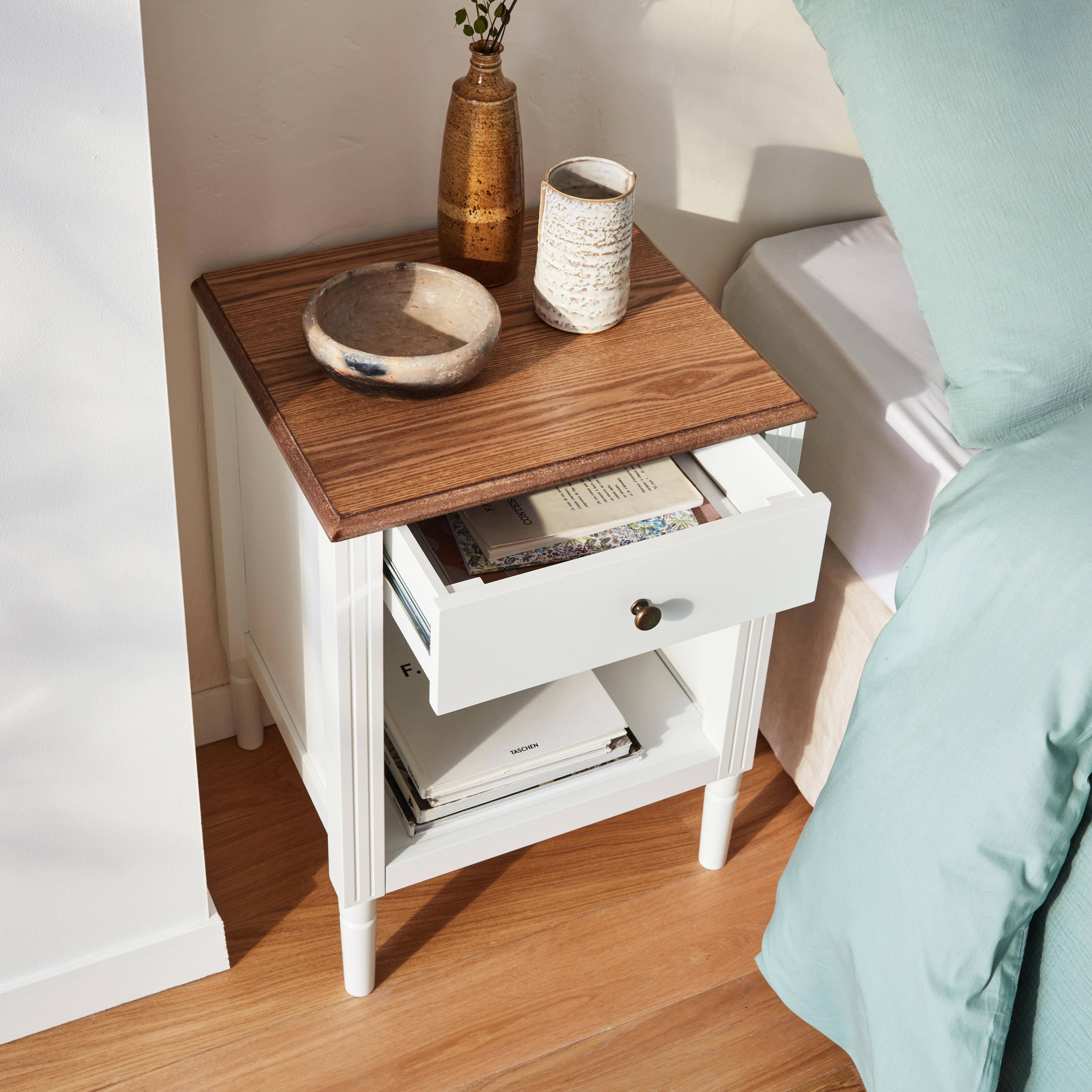 Table de chevet en placage frêne, blanc et bois, pieds en pin, 1 tiroir et 1 niche Photo2