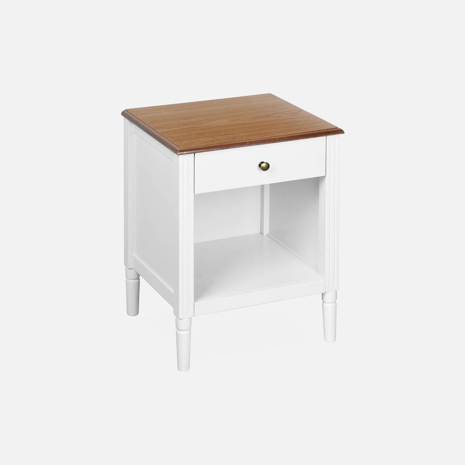 Table de chevet en placage frêne, blanc et bois, pieds en pin, 1 tiroir et 1 niche Photo3