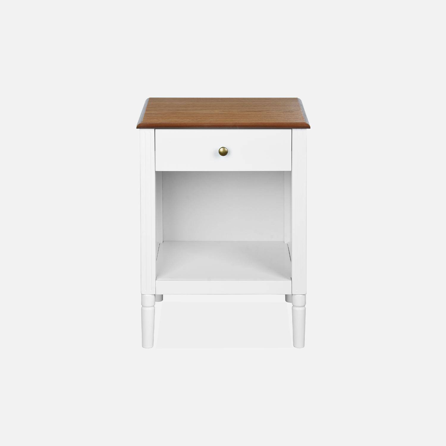 Table de chevet en placage frêne, blanc et bois, pieds en pin, 1 tiroir et 1 niche Photo4
