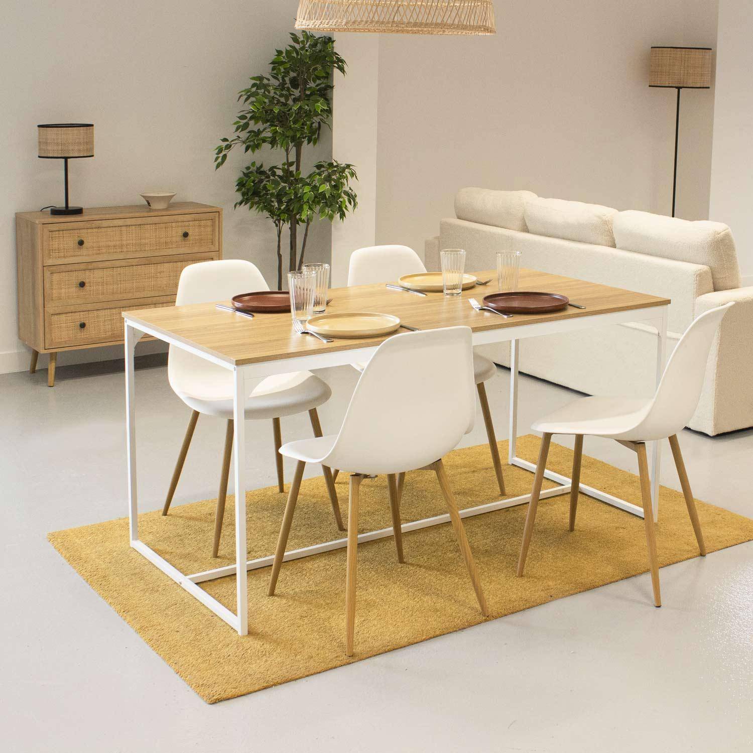 Table à manger rectangulaire métal et décor bois + 4 chaises scandinaves blanches Photo1