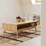 Mesa de centro color natural, Lineal, decoración de madera acanalada, patas de compás, 2 nichos, 1 cajón, L 110 x A 59 x A 39cm Photo2