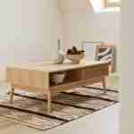 Mesa de centro color natural, Lineal, decoración de madera acanalada, patas de compás, 2 nichos, 1 cajón, L 110 x A 59 x A 39cm Photo1