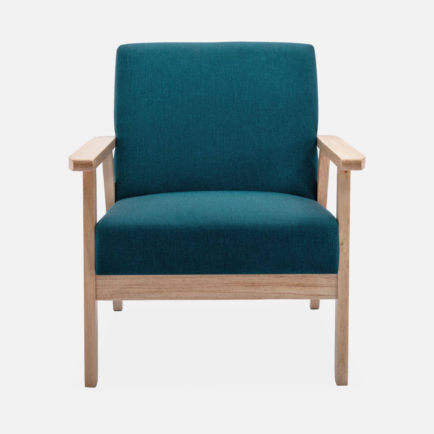 Scandinavische fauteuil van hout en petroleumblauwe stof, B 64 x D 69,5 x H 73cm Photo3