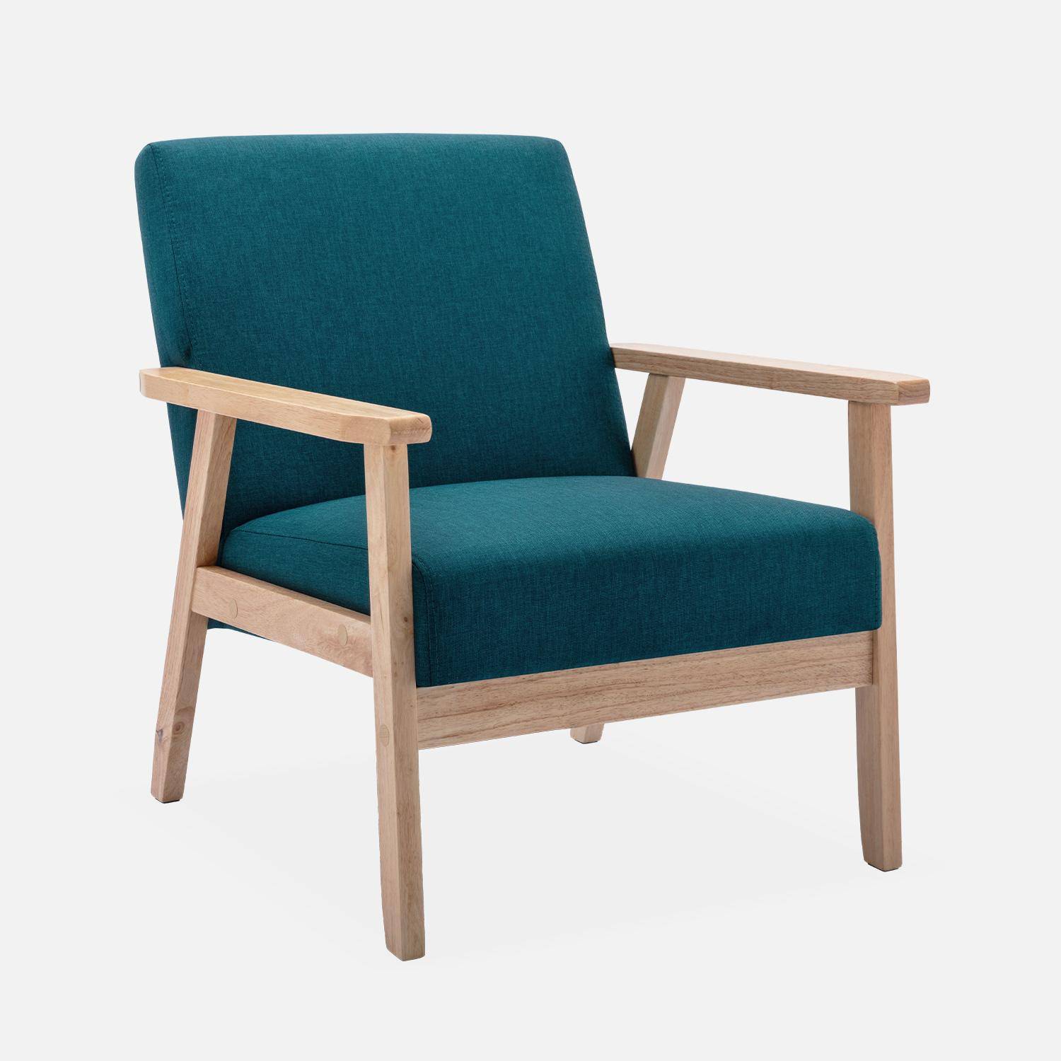 Scandinavische fauteuil van hout en petroleumblauwe stof, B 64 x D 69,5 x H 73cm Photo2