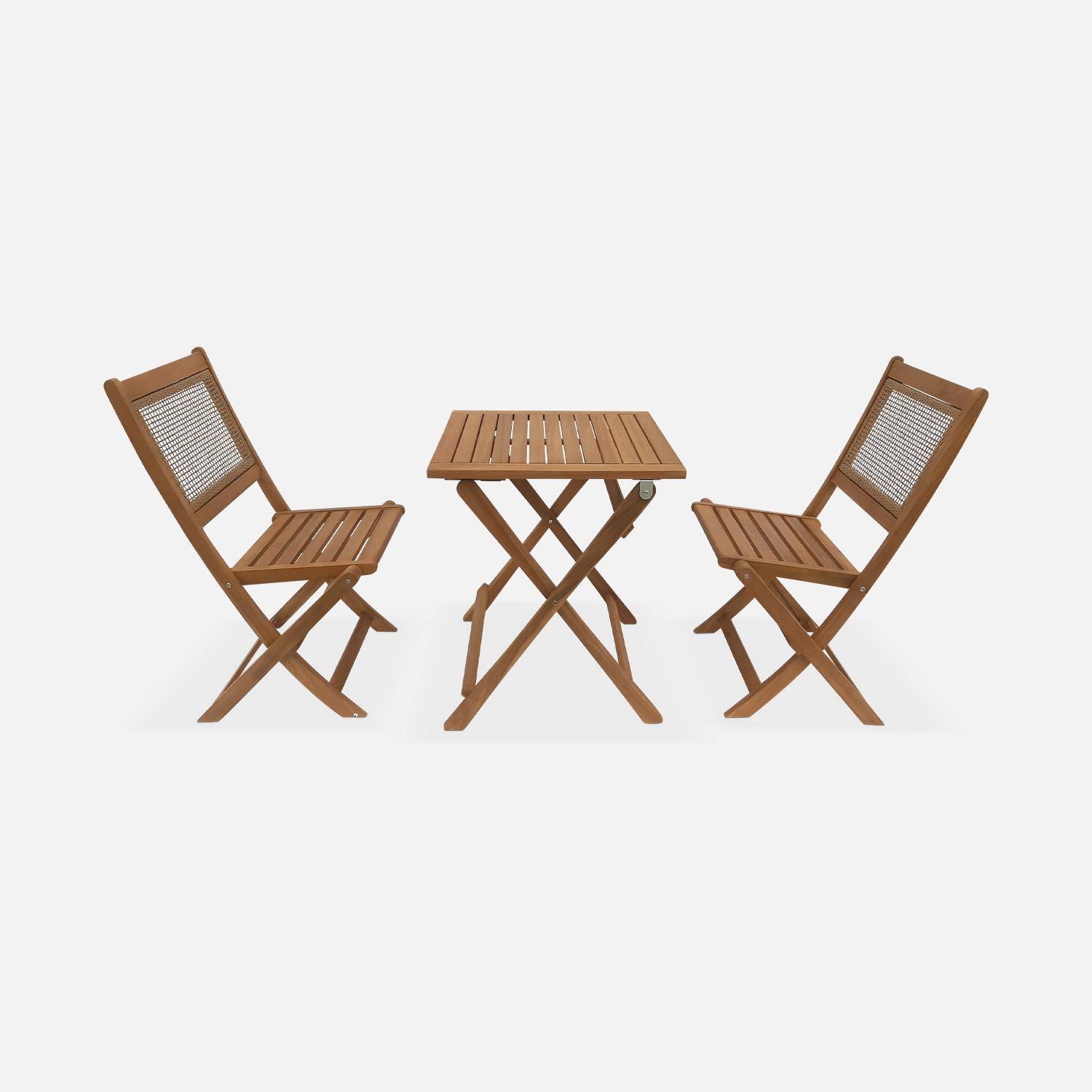 Bistro tuintafel met vierkante rieten zitting voor 2, acacia FSC licht geborsteld hout, 1 tafel, 2 stoelen 60x60x72 cm Photo7