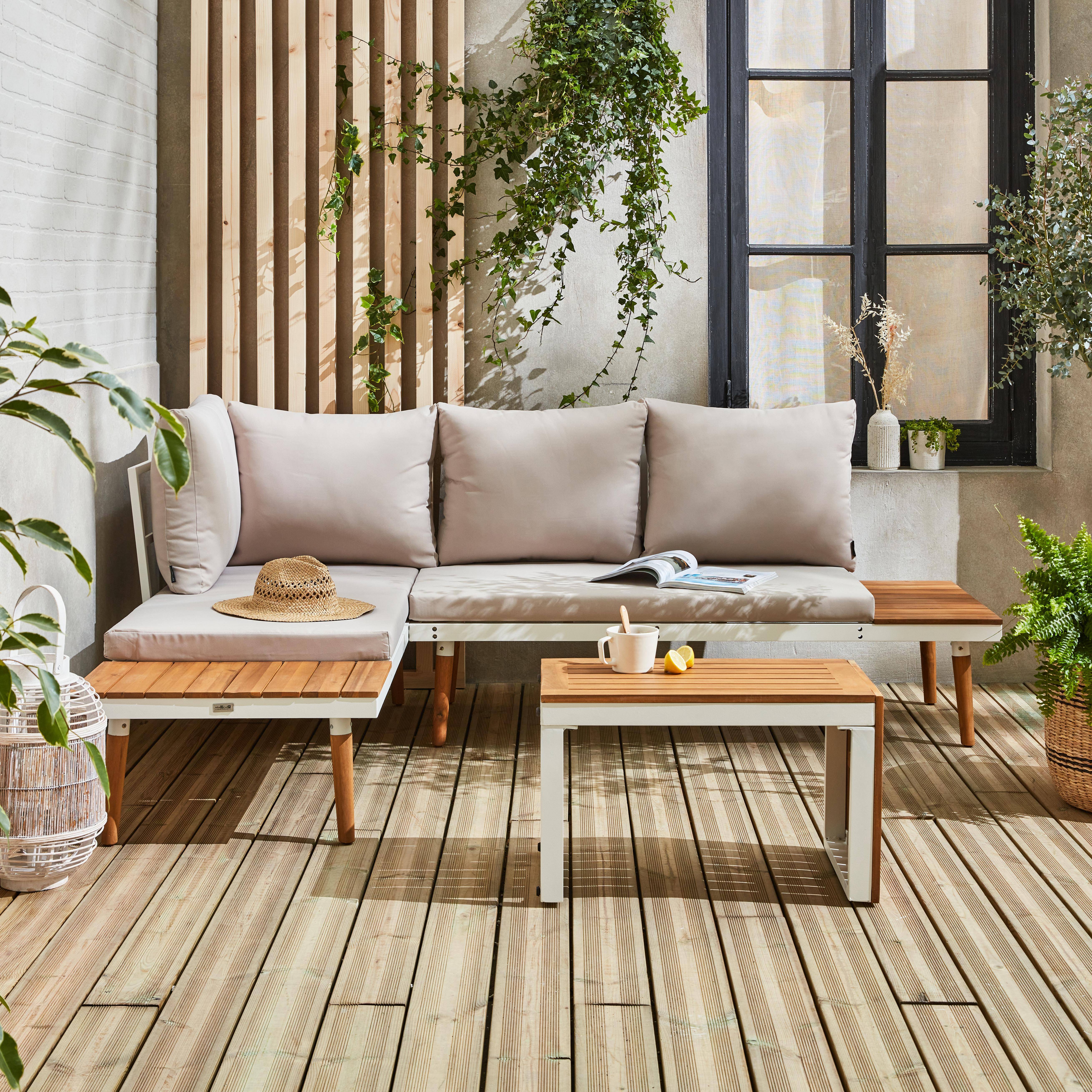Modulares Gartenmöbelset in Weiß und Beige aus Aluminium und Akazienholz, 4 Sitzplätze, Sao Paulo, 140 x 68 x 65 cm Photo1