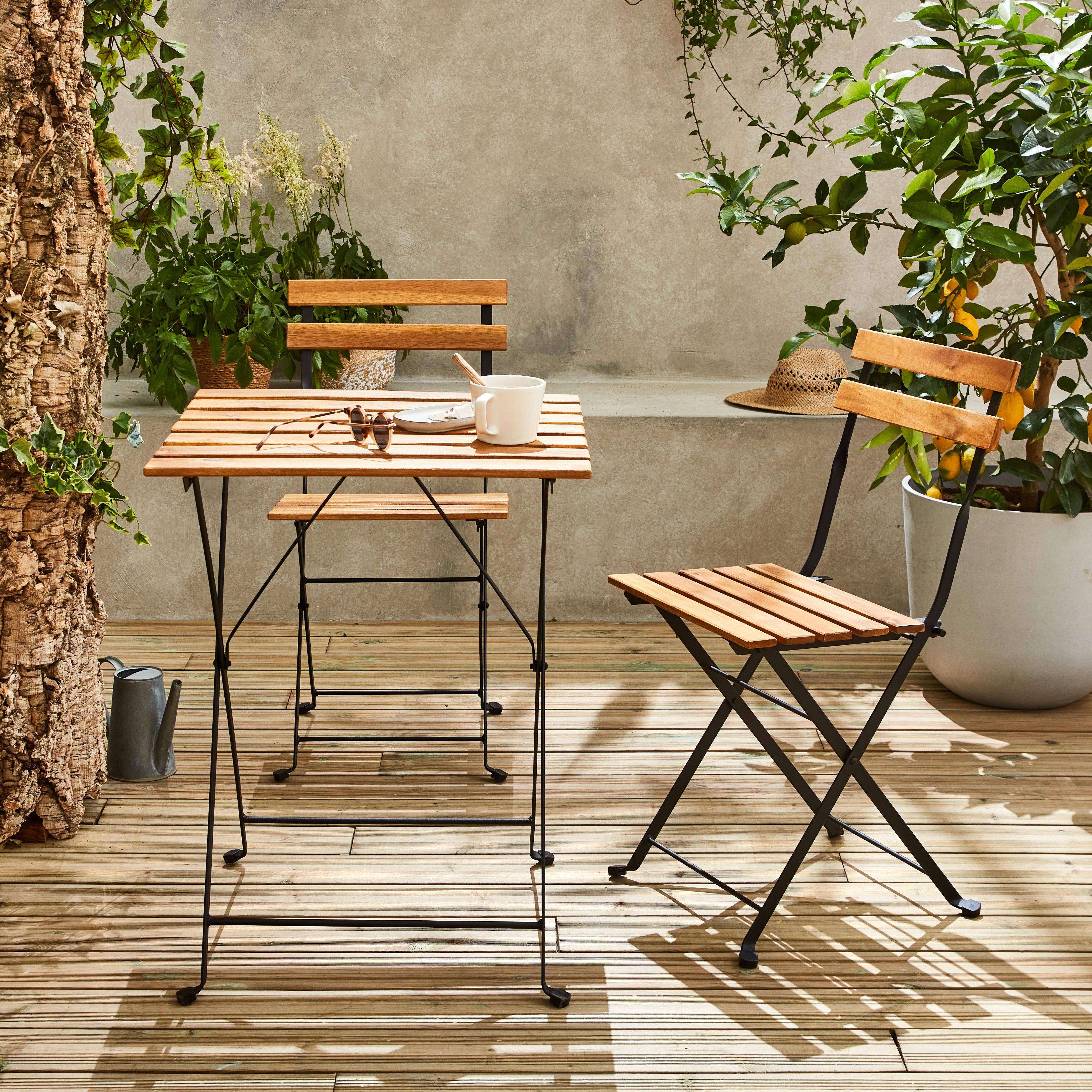Table de jardin bistrot en bois et métal, 55 x 54 cm, chaises pliantes  Photo2
