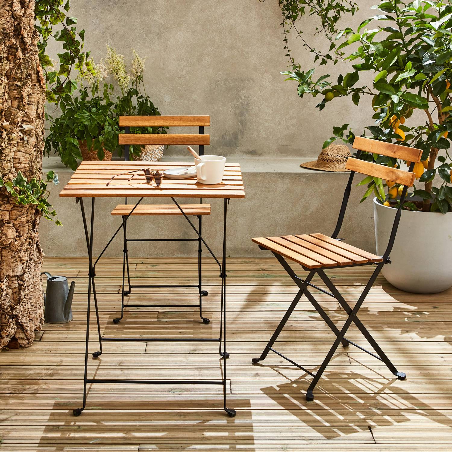 Mesa de jardim bistrô em madeira de acácia e metal, 55 x 54 cm, 2 cadeiras dobráveis Photo2