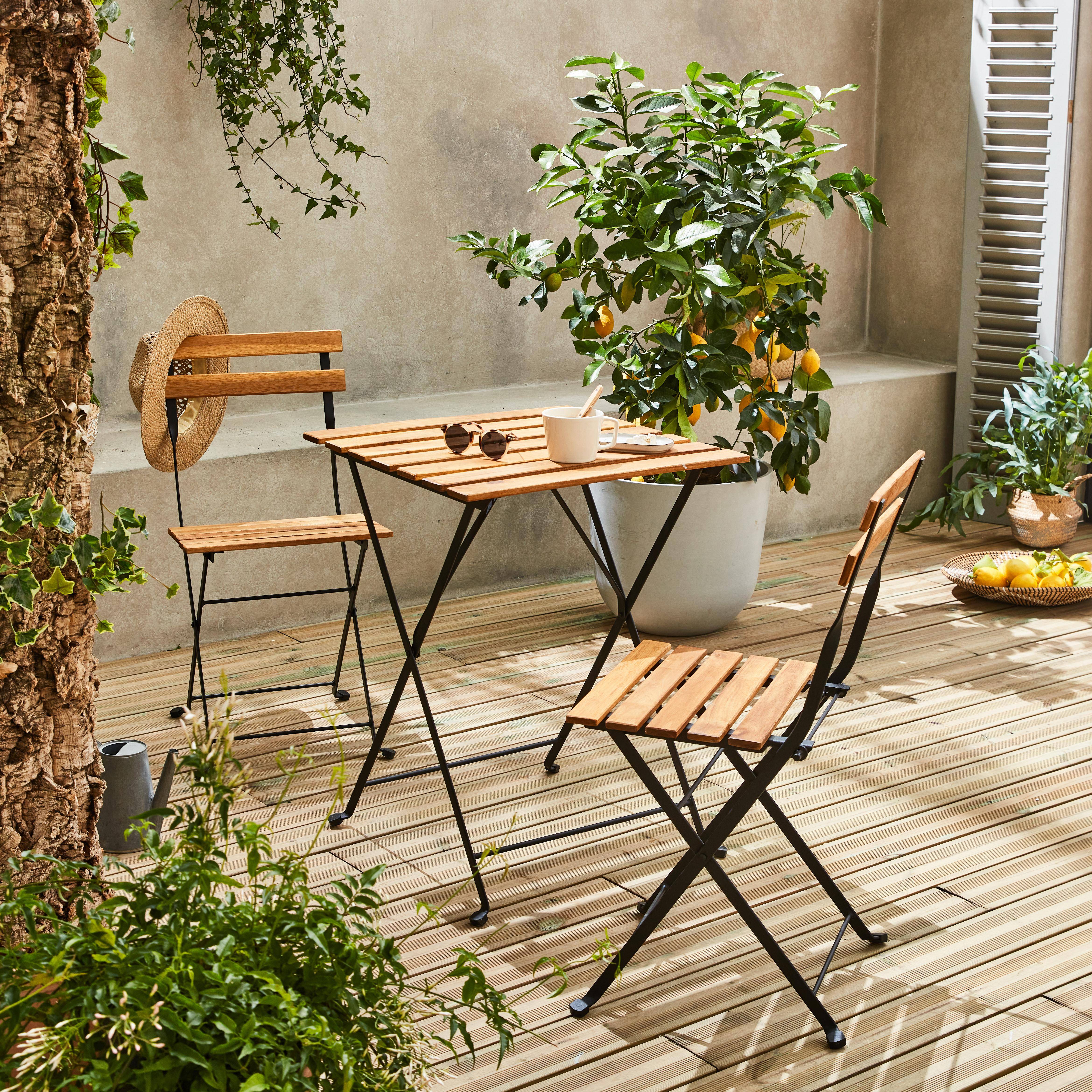 Mesa de jardín bistro de madera y metal, 55 x 54 cm, sillas plegables Photo1