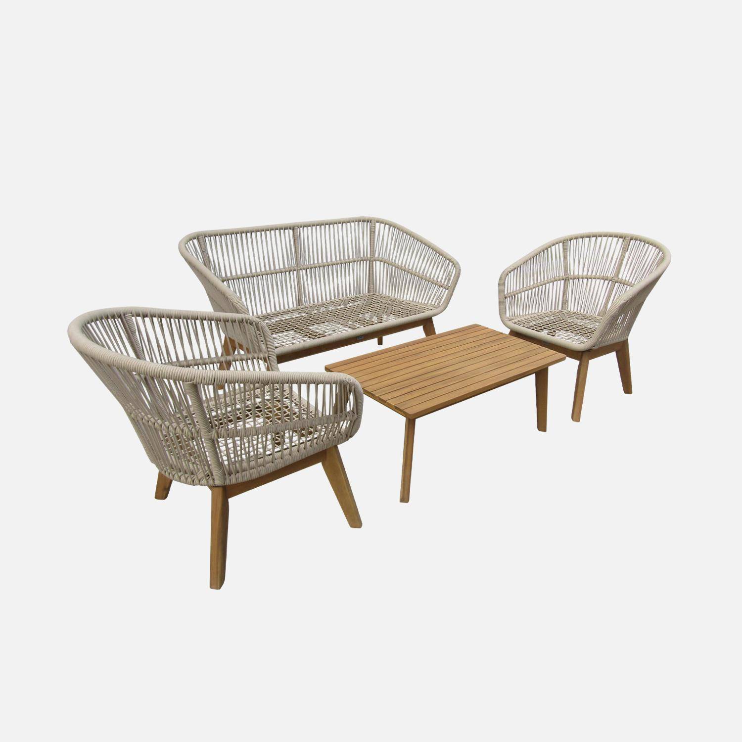 Gartengarnitur 4 Sitze - ROSARIO - aus geflochtenen Seilen, Holz und Aluminium, grau / beige Kissen Photo4