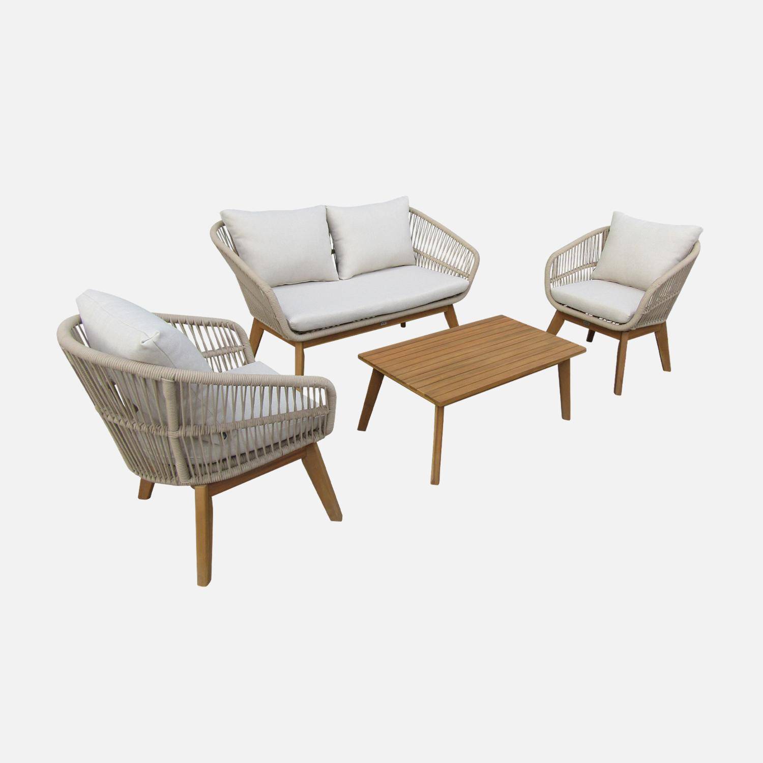 Gartengarnitur 4 Sitze - ROSARIO - aus geflochtenen Seilen, Holz und Aluminium, grau / beige Kissen Photo3