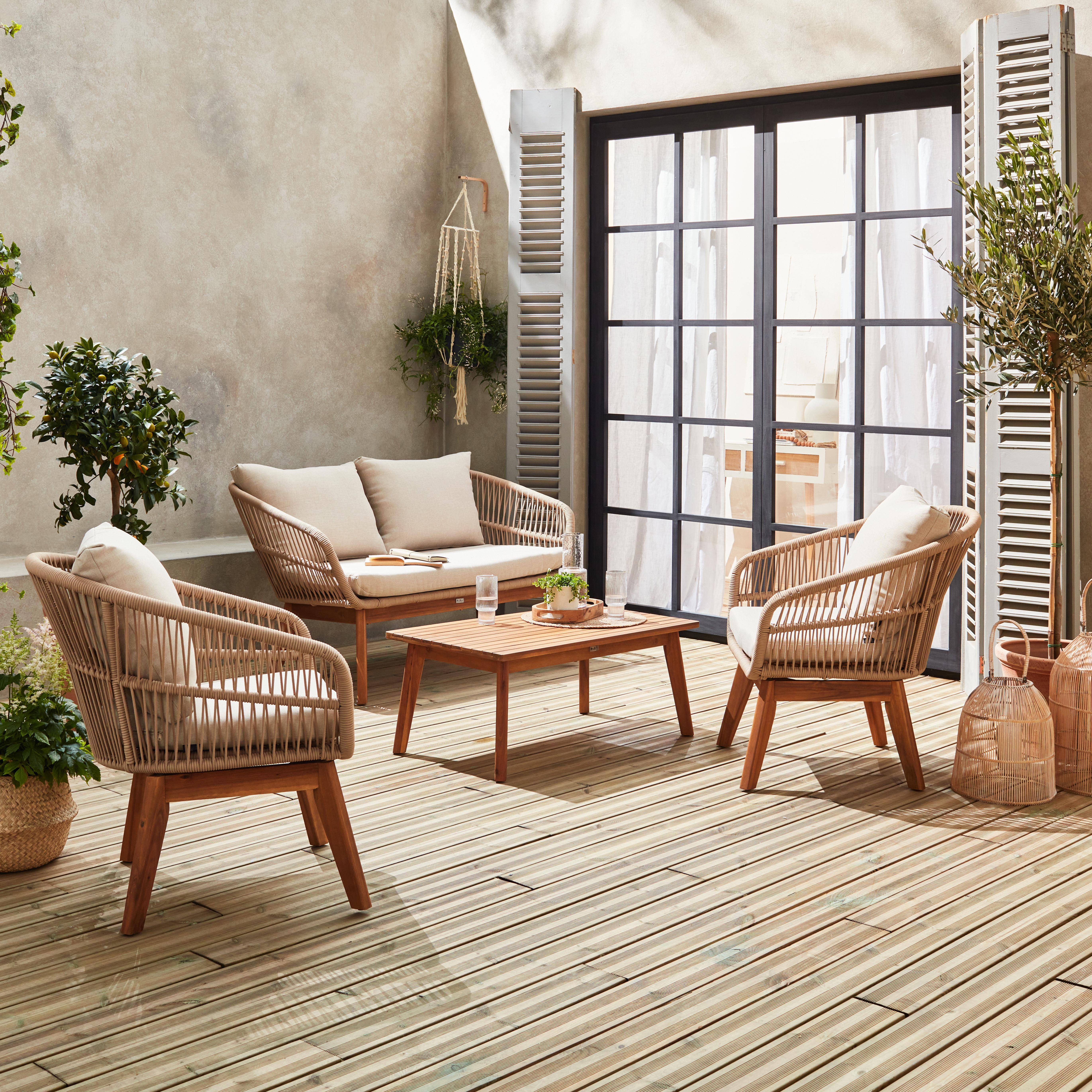 Gartengarnitur 4 Sitze - ROSARIO - aus geflochtenen Seilen, Holz und Aluminium, grau / beige Kissen Photo2