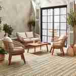 Salon de jardin 4 places - ROSARIO - corde tressée, bois et aluminium, coussins gris / beige Photo2