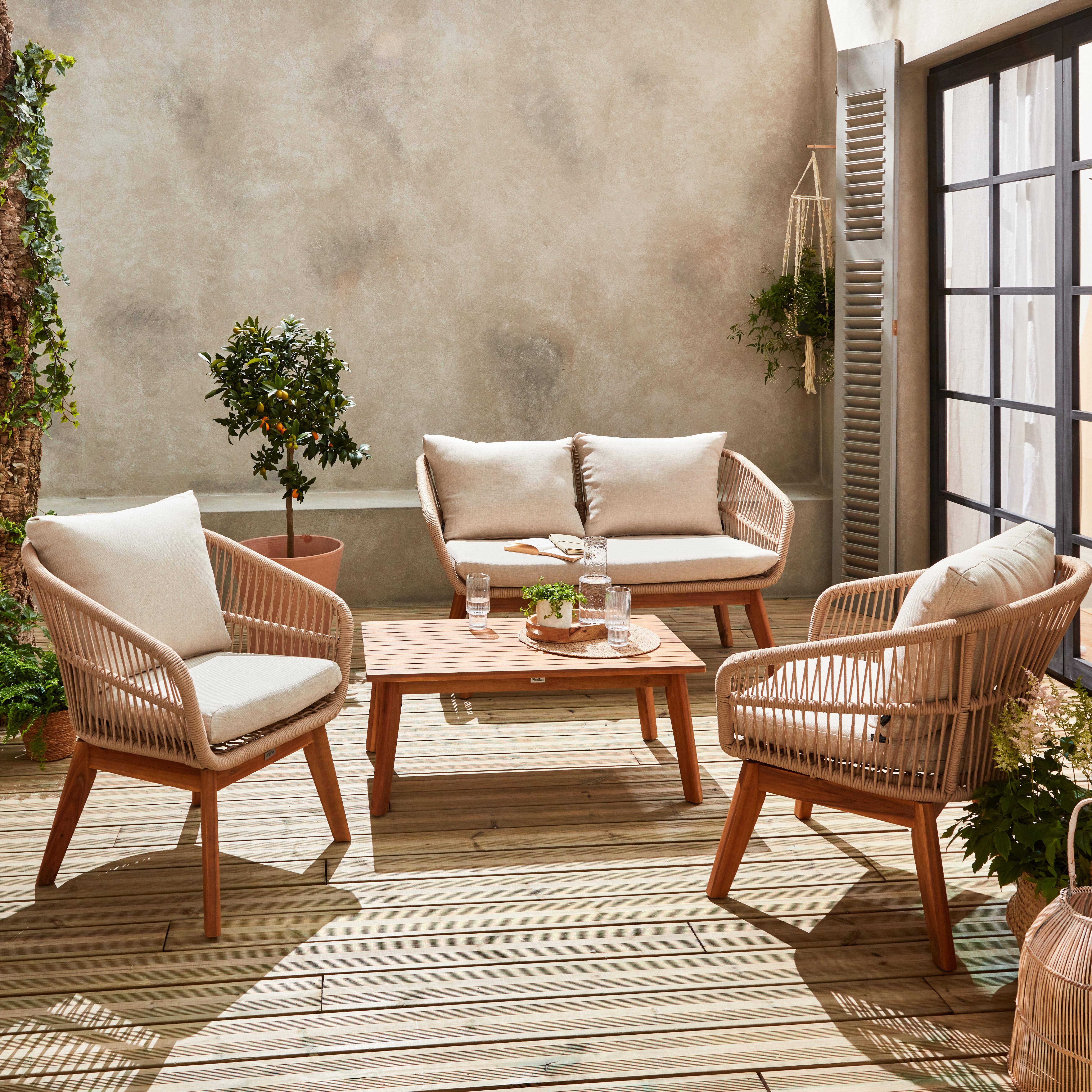Gartengarnitur 4 Sitze - ROSARIO - aus geflochtenen Seilen, Holz und Aluminium, grau / beige Kissen Photo1