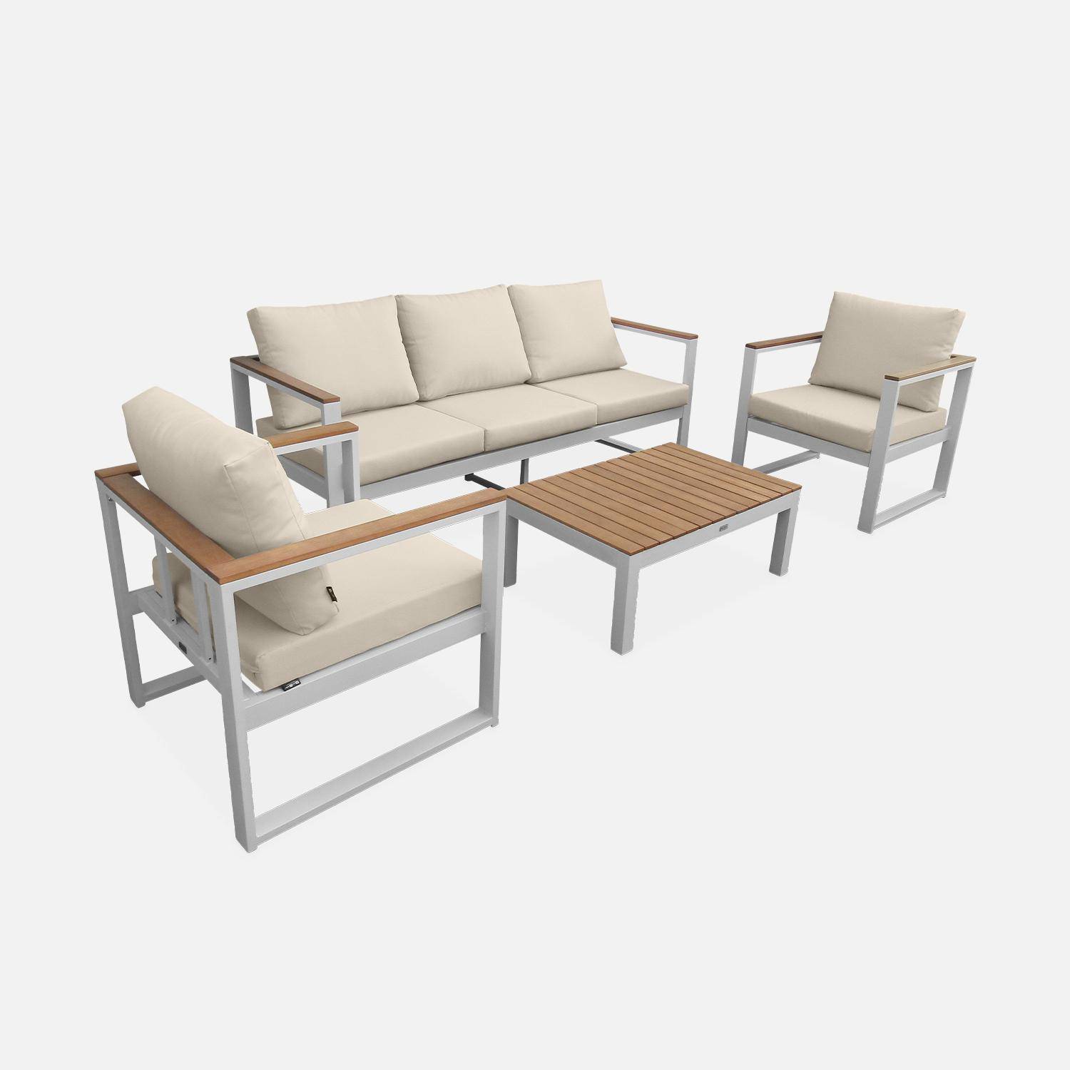 5-Sitze Gartengarnitur aus Aluminium und Eukalyptus - NAZCA - Gestell weiß, Kissen beige Photo3