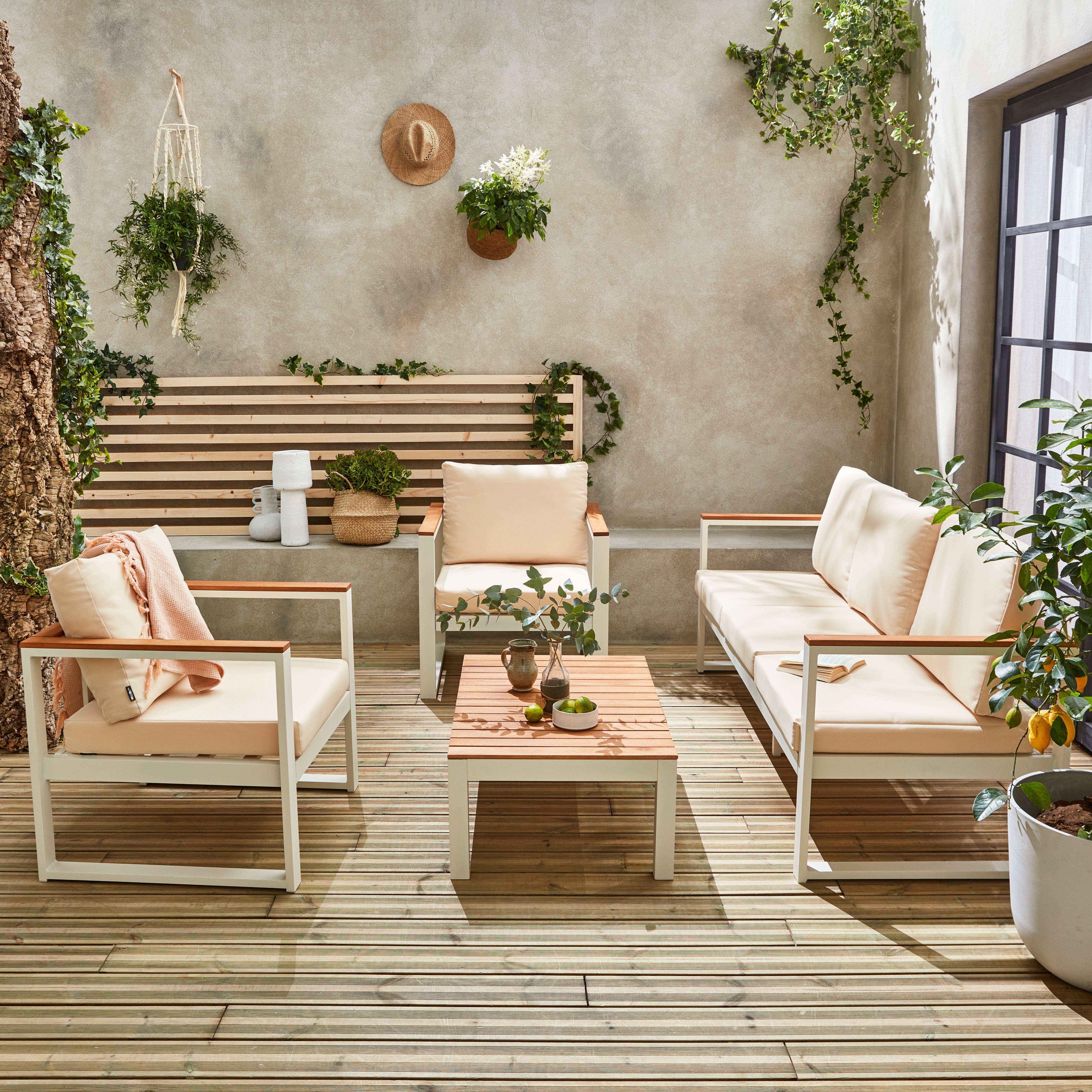 Salon de jardin 5 places en aluminium et eucalyptus – NAZCA – Structure blanche, Coussins beiges Photo2