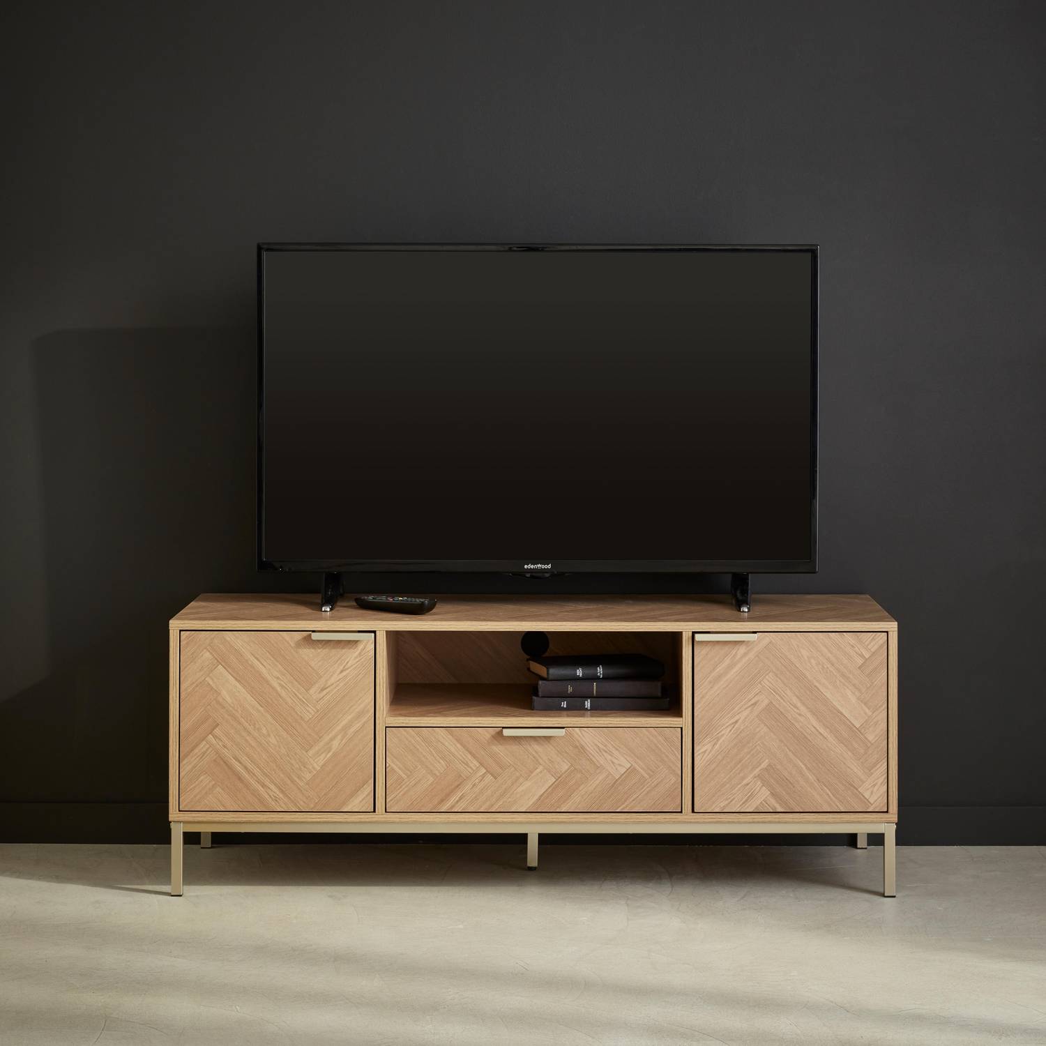 TV stand with a herringbone pattern on the doors or drawers