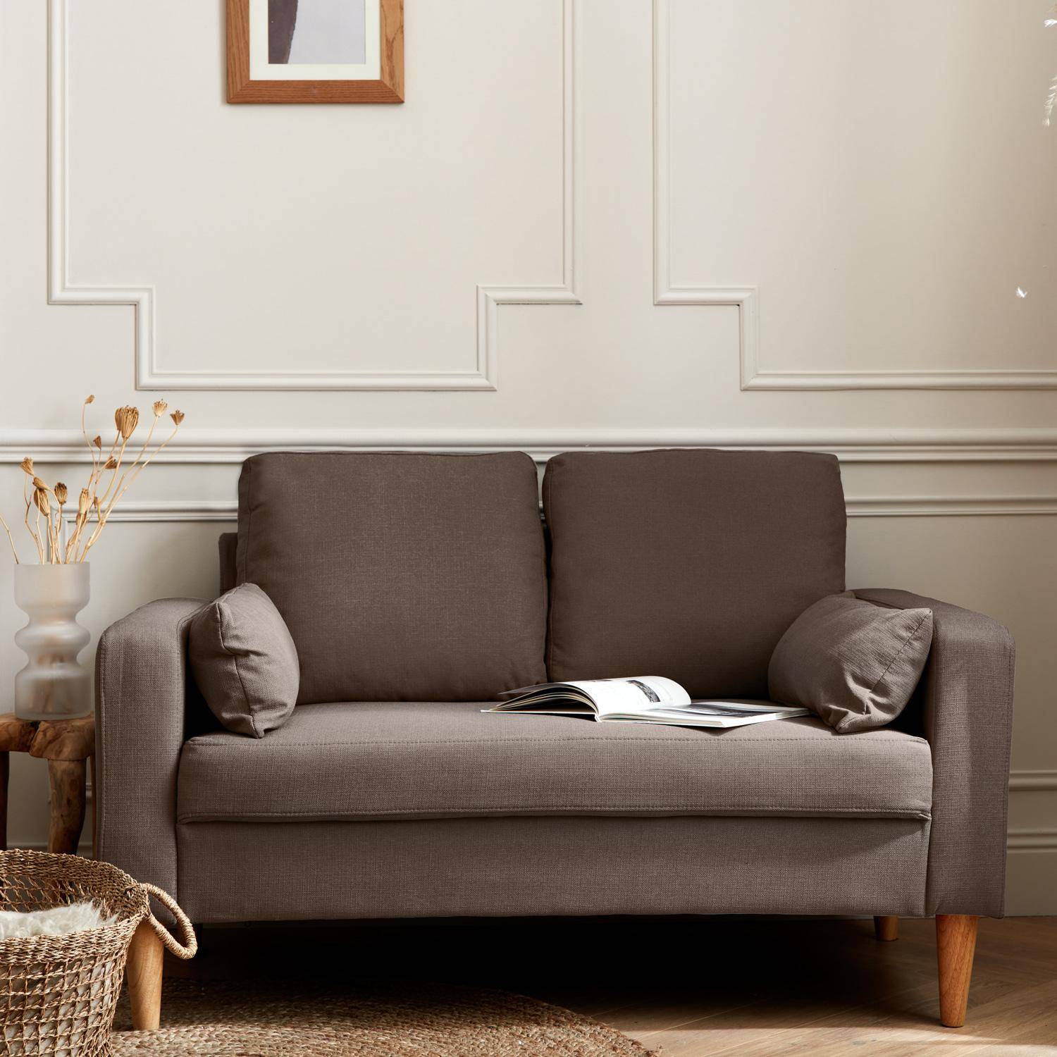 Canapé en tissu marron - Bjorn - Canapé 2 places fixe droit pieds bois, style scandinave   Photo1