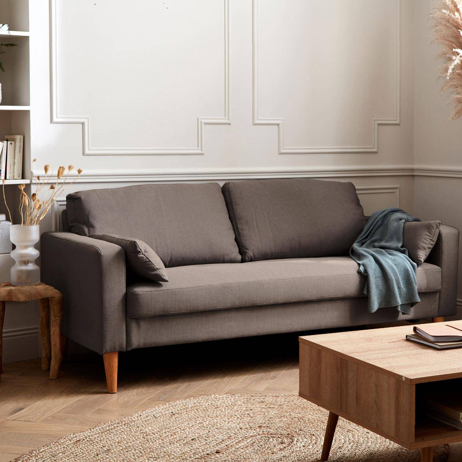 Donkergrijze stoffen driezits sofa - Bjorn - 3-zits bank met houten poten, scandinavische stijl   Photo1