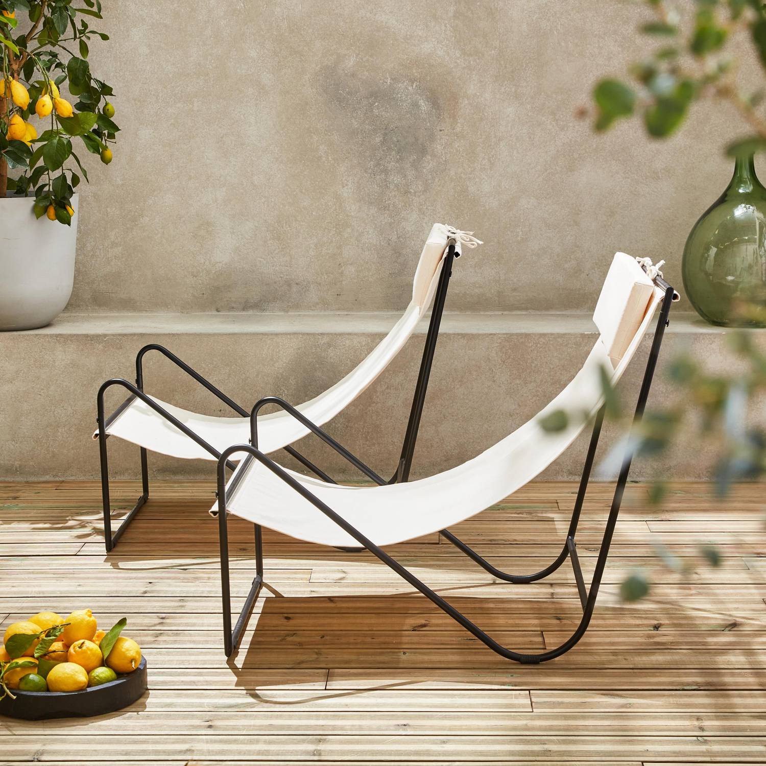 Lot de 2 fauteuil relax Mencora structure en métal, assise en toile avec repose-tête  Photo2